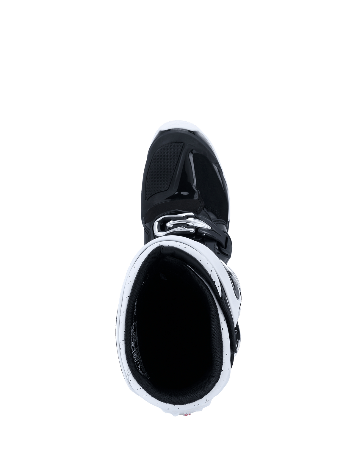 Alpinestars 2026 Tech 7 Enduro Boots, Motocross Boots, Black and White, top-down view looking into the boot shaft showing the white gaiter and black interior, specialized gear for off-road and enduro riding