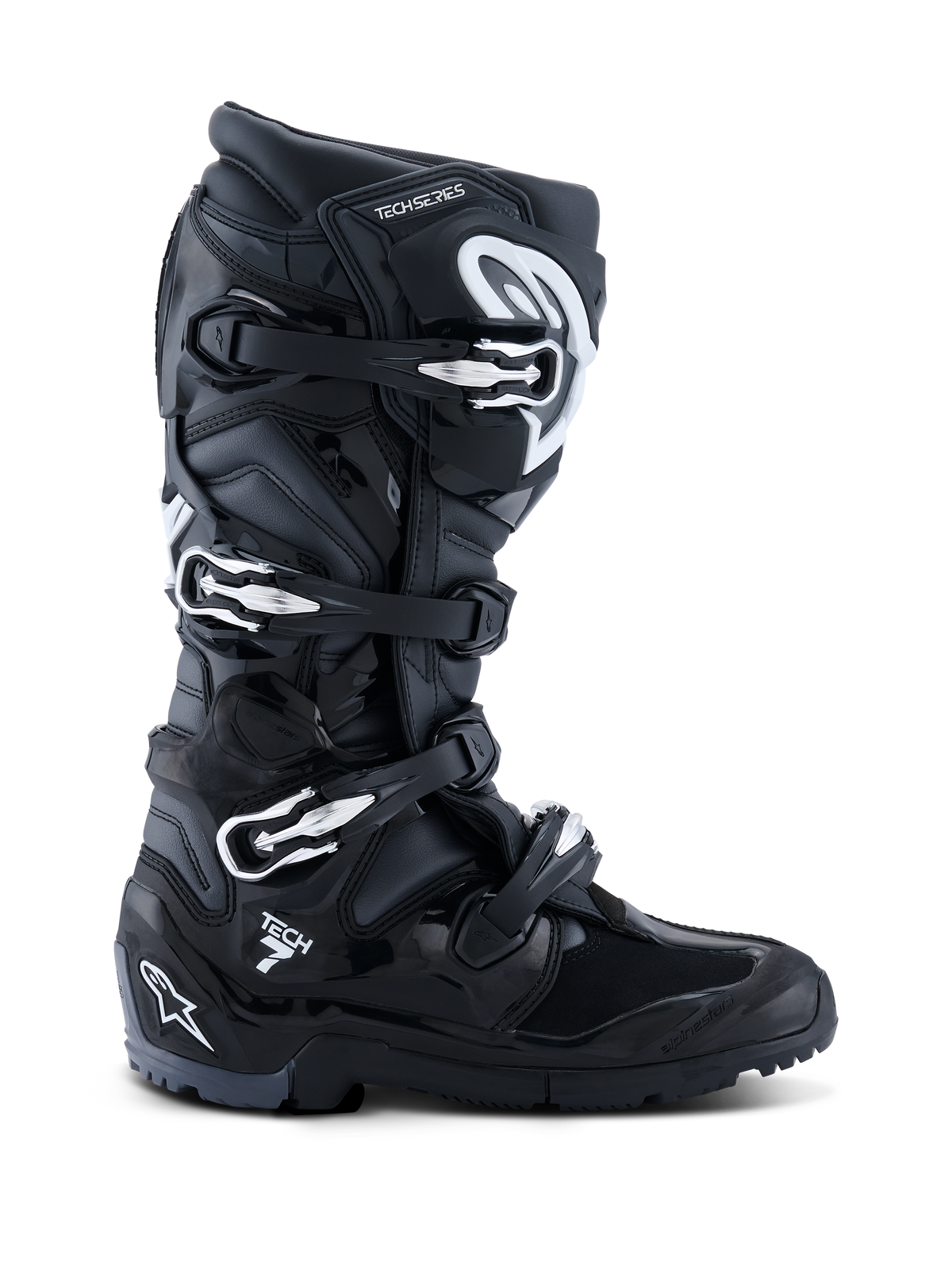 Alpinestars 2026 Tech 7 Enduro-stövlar, svarta, antracitgrå och vita, specialiserade offroad-motorcykelstövlar med ett stängningssystem med fyra spännen, slitstark PU-förstärkt mikrofiberovandel och en robust grovmönstrad sula för enduroterräng, stilren design med tydlig Tech 7-logotyp på hälen.