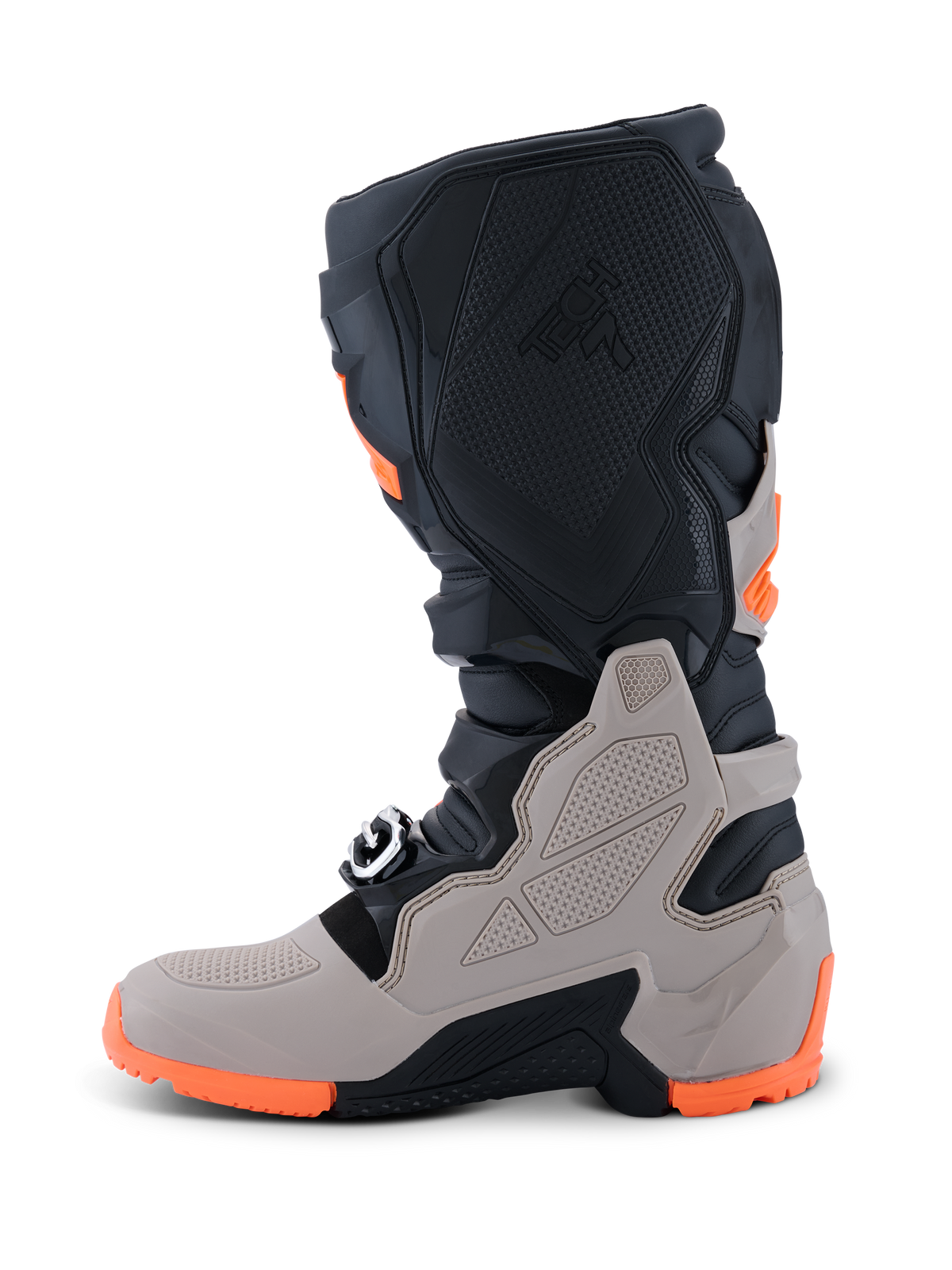 Alpinestars 2026 Tech 7 Enduro-stövlar, motocross- och endurostövlar, svarta, varmgrå och fluoriserande orange, sidovy med en robust dubbelkomponentsula, TPU-skydd på skenbenet och ankeln samt präglad Tech 7-logotyp.