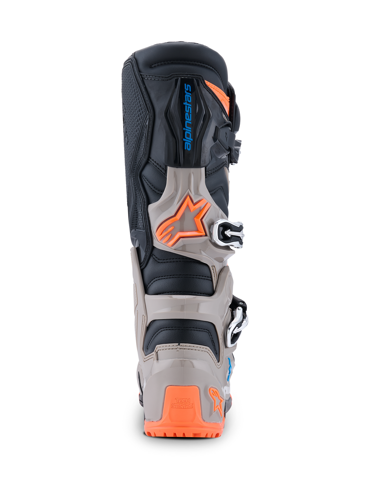 Alpinestars 2026 Tech 7 Enduro-stövlar, vy bakifrån, svart, varmgrå och fluororange, med TPU-skydd, Alpinestars-logotyp och säkert spännsystem för terrängkörning