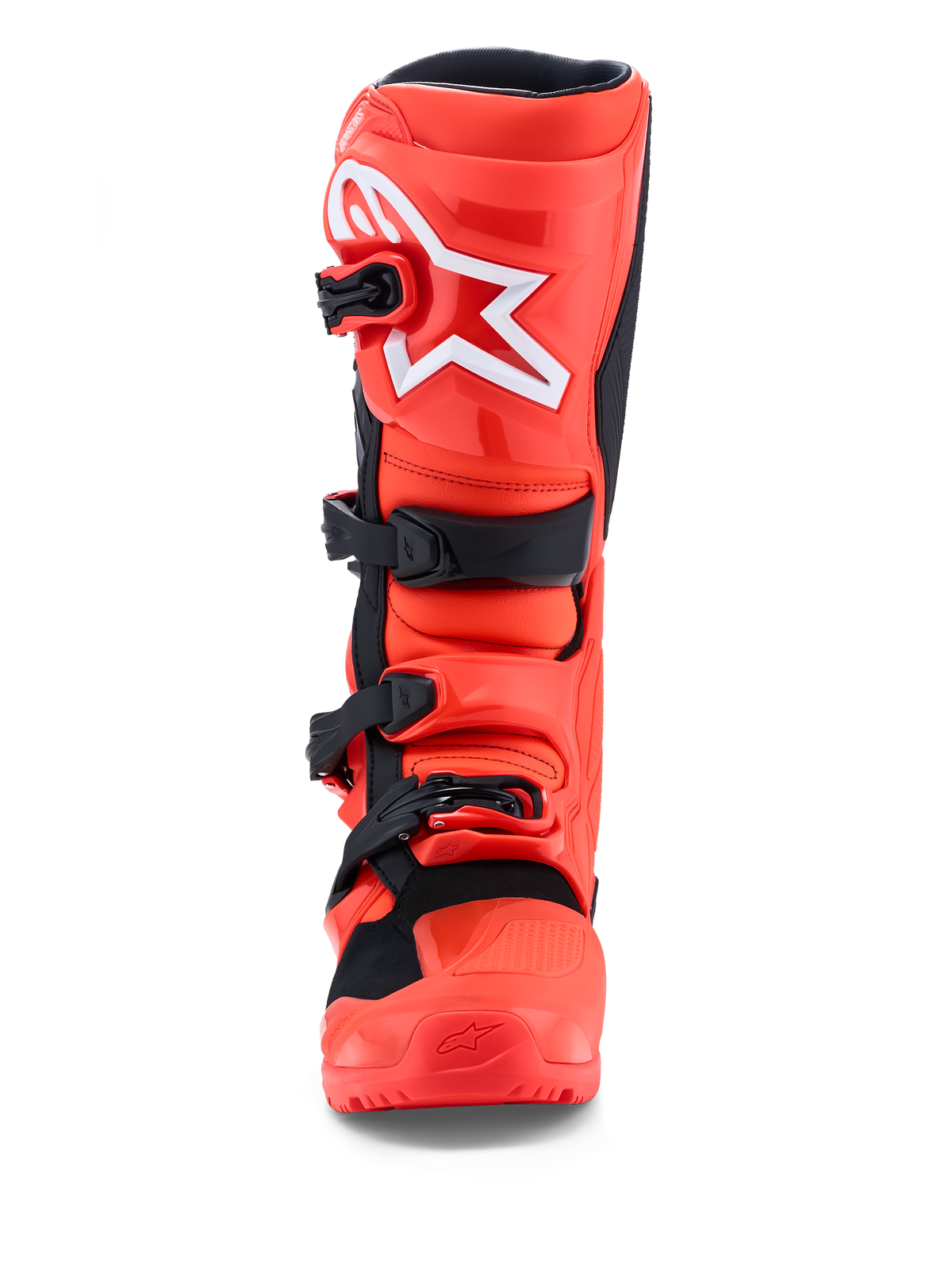 Alpinestars Tech 7 Enduro-stövlar, fluorescerande röda och svarta motorcykelstövlar för terrängkörning med CE-certifierat TPU-skydd.