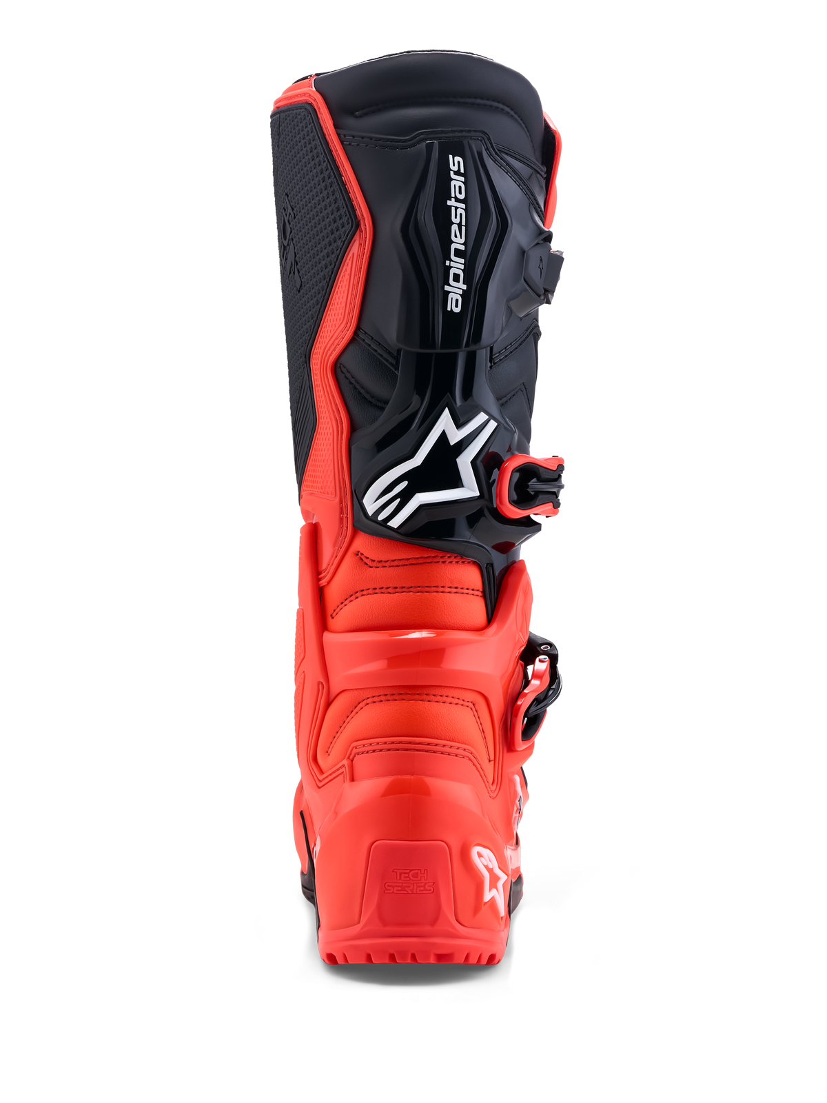 Alpinestars Tech 7 Enduro stövlar, motorcykelstövlar för terrängkörning, röda och svarta, TPU-förstärkta, vy bakifrån.