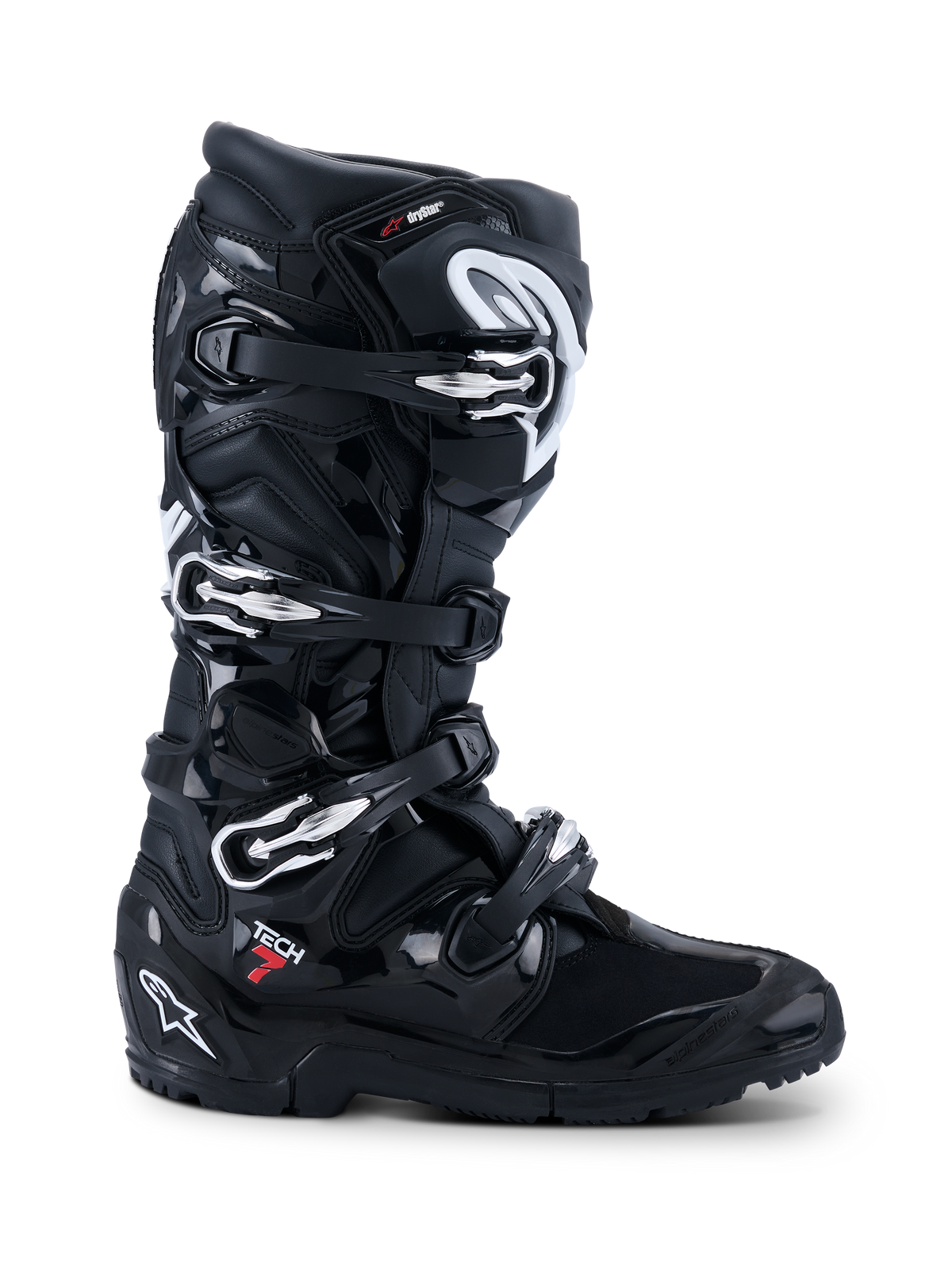 Alpinestars 2026 Tech 7 Enduro Drystar®-stövlar, svarta motorcykelstövlar för terrängkörning, profilvy med fyra silverfärgade spännen, robust dubbelkomponentsula för enduro och omfattande TPU-skydd med matt och blank svart finish.