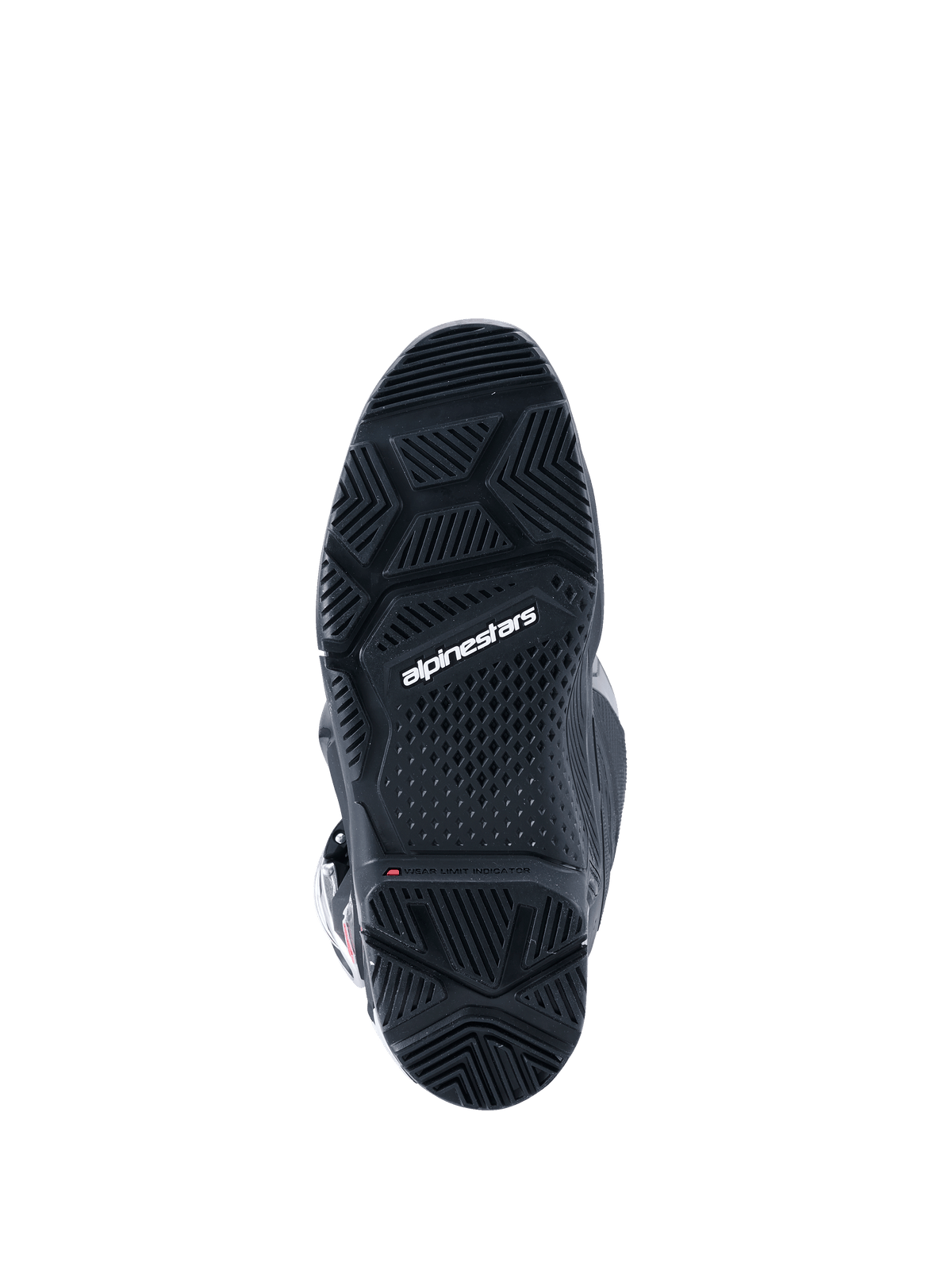 Alpinestars 2026 Tech 7 Enduro Drystar®-stövlar, svarta, vy underifrån av den specialiserade enduro-sulan i dubbelkomponent, med geometriska mönster för grepp i all terräng och vit Alpinestars-logotyp