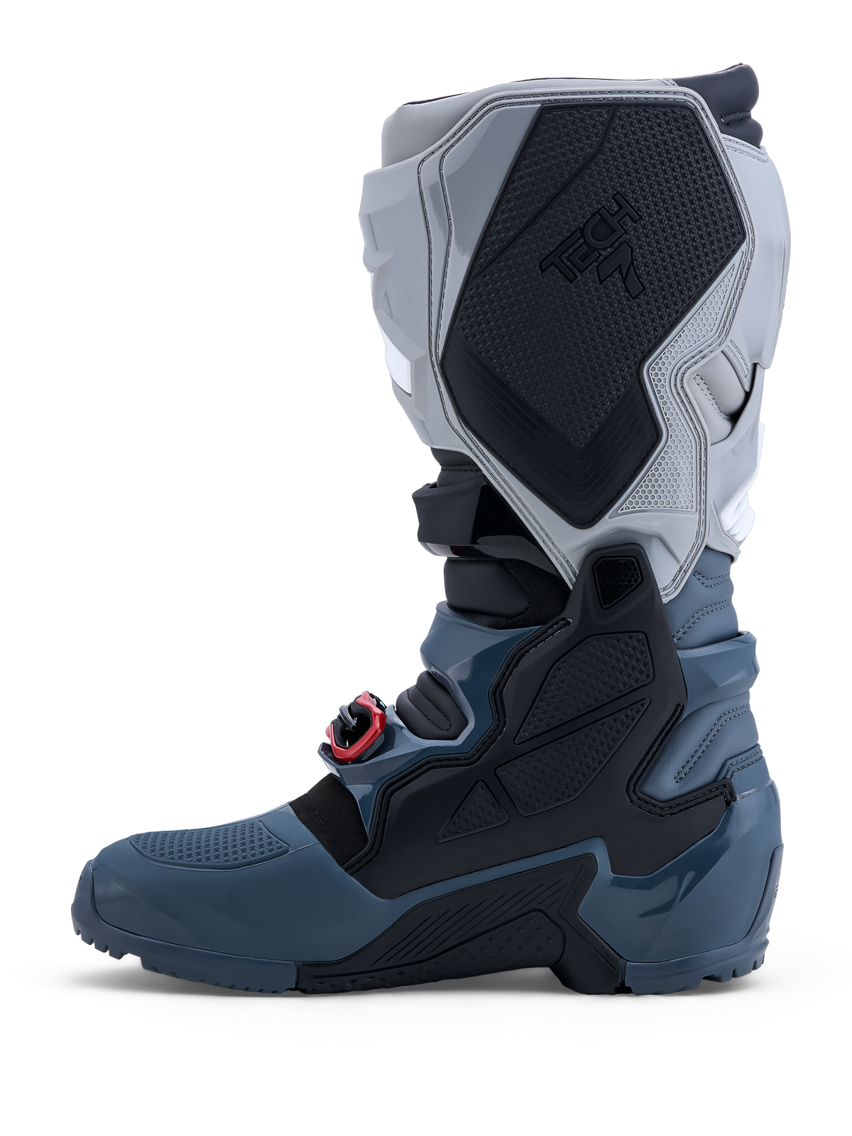 Alpinestars Tech 7 Enduro 2027 stövlar, vattentäta motorcykelstövlar för terrängkörning, gråa med röda detaljer, Drystar-membran och CE-certifierat skydd.