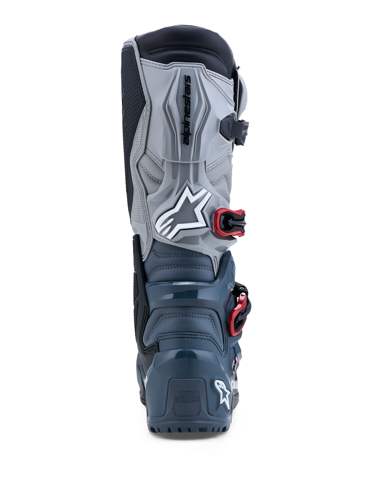 Alpinestars Tech 7 Enduro 2027 stövlar Drystar®, vattentäta endurostövlar i mörkgrått och rött, vy bakifrån med TPU-skydd.