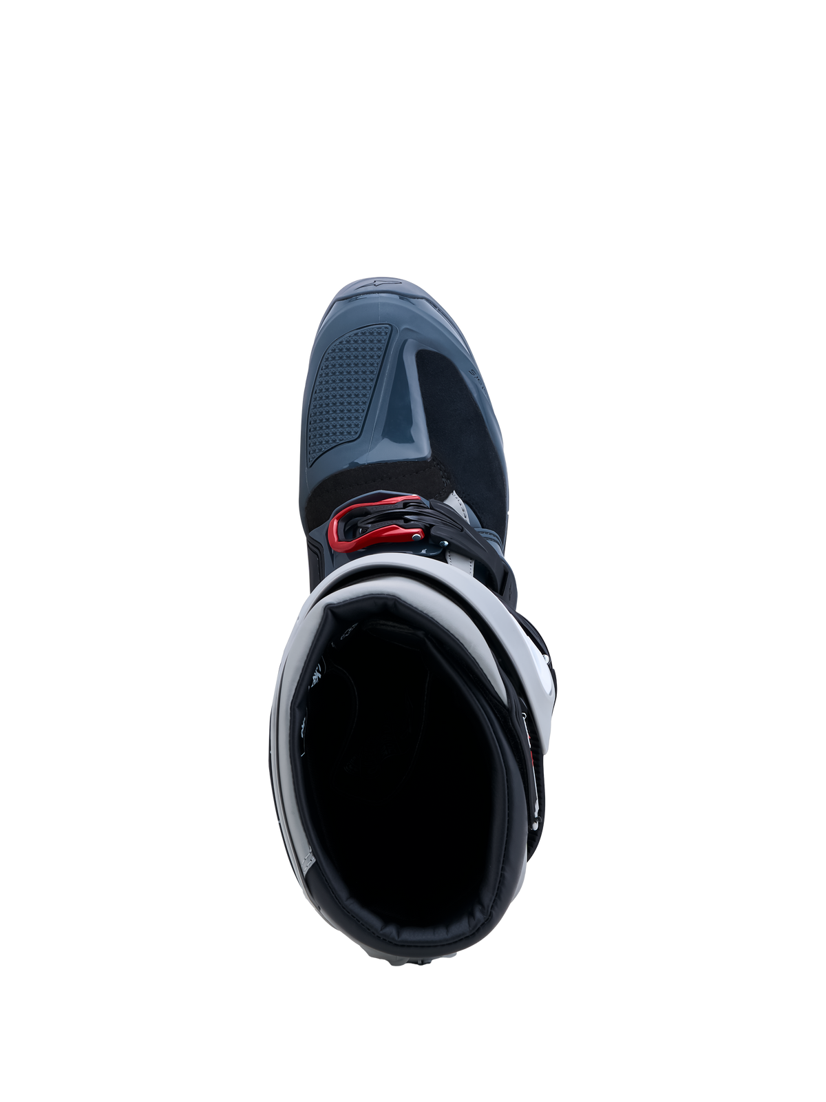 Alpinestars Tech 7 Enduro 2027 stövlar Drystar®, vattentäta motorcykelstövlar för off-road, gråa och röda, vy ovanifrån som visar spännsystem och tåbox.