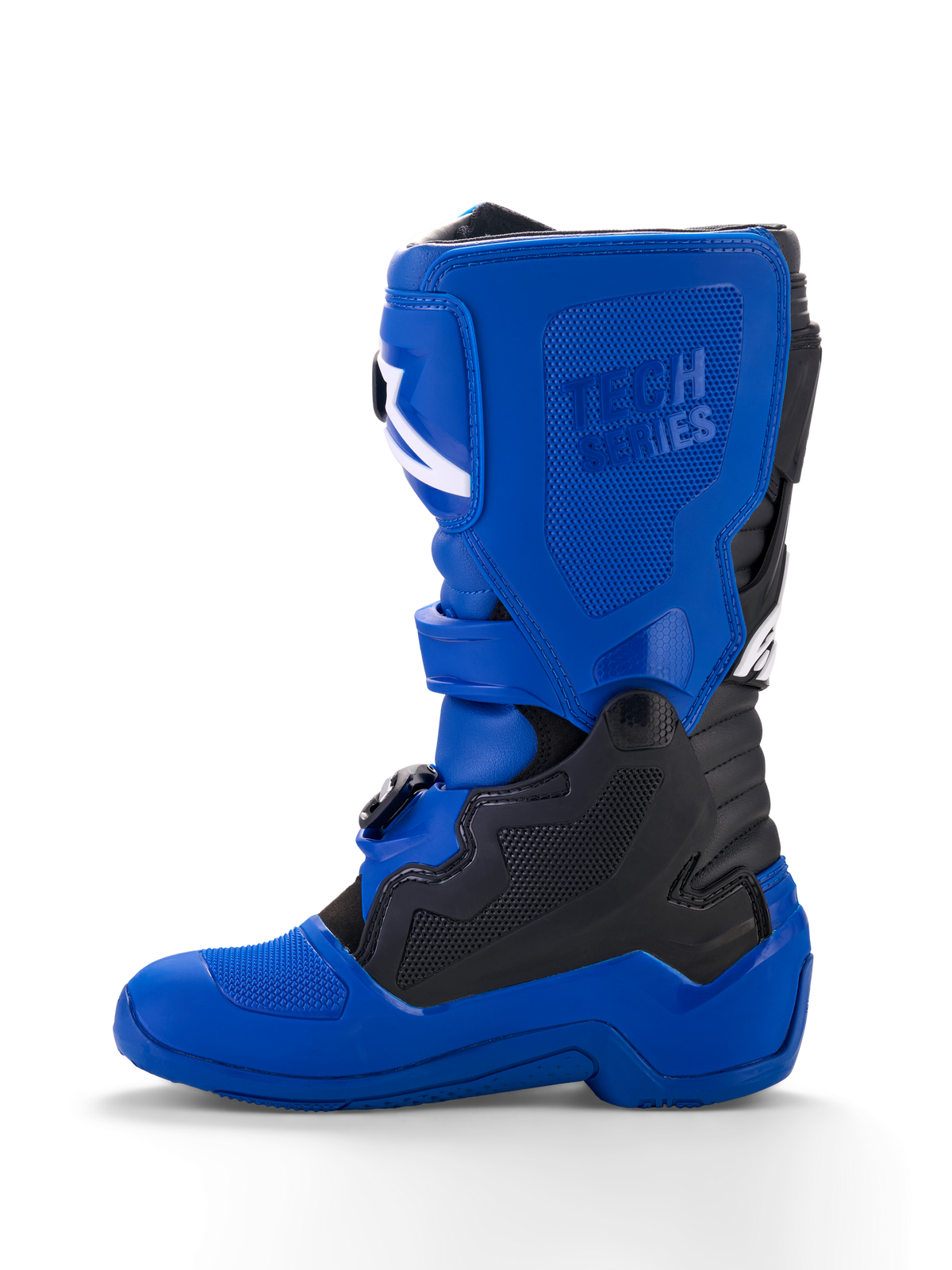 Alpinestars Yamaha Youth Tech 7S Boots, Youth Motocross Boots, Blue with Black and White accents, side profile view, featuring embossed 'Tech Series' branding, TPU protective panels, buckle closure system, and a durable blue sole for off-road performance.