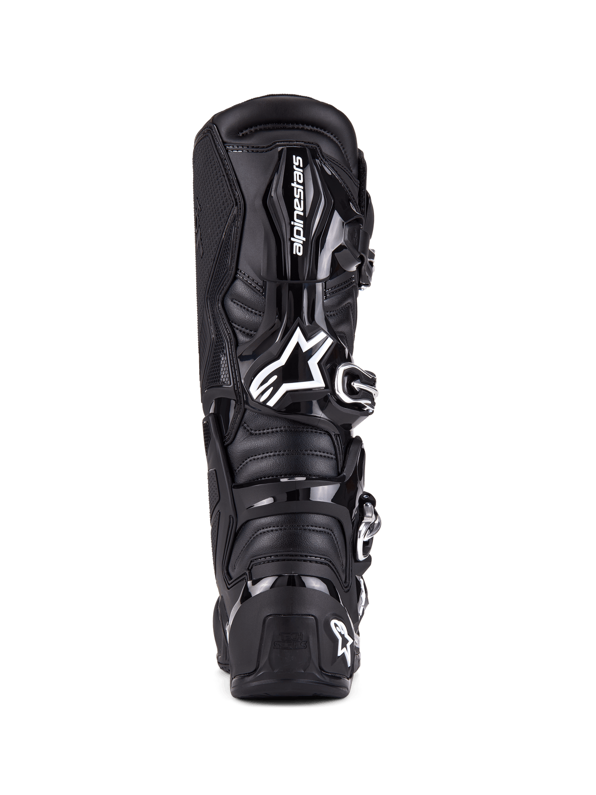 Alpinestars Tech 7-stövlar, motocross-stövlar, svarta, vy bakifrån med TPU-skydd, spännsystem och karakteristisk logotyp