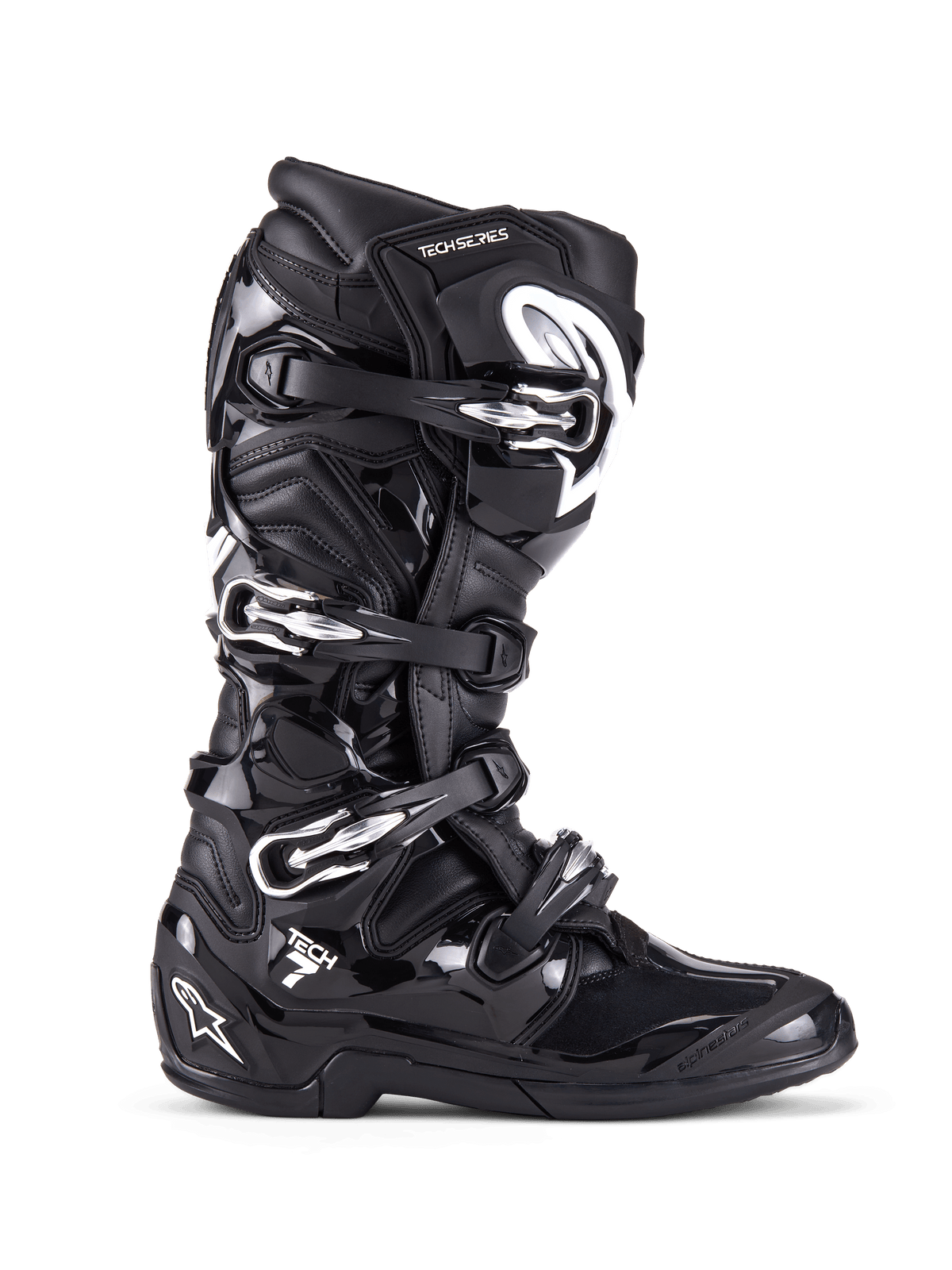 Alpinestars Tech 7-stövlar, motocross- och terrängstövlar, svarta med silverspännen och vita detaljer, sidoprofil med fyra snabbspännen i aluminium, slitstarkt TPU-skal och texturerade paneler för terrängskydd