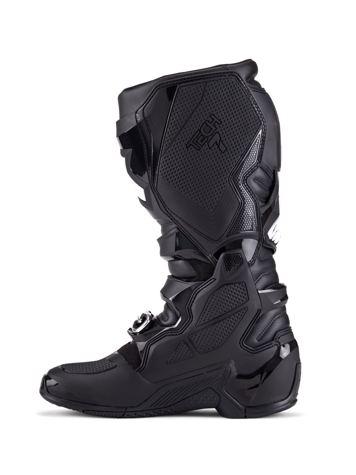 Alpinestars Tech 7-stövlar, motocross-stövlar, helsvarta, sidoprofil som visar TPU-skyddsplattor, spännesystem och texturerade greppaneler, professionella skor för terrängkörning
