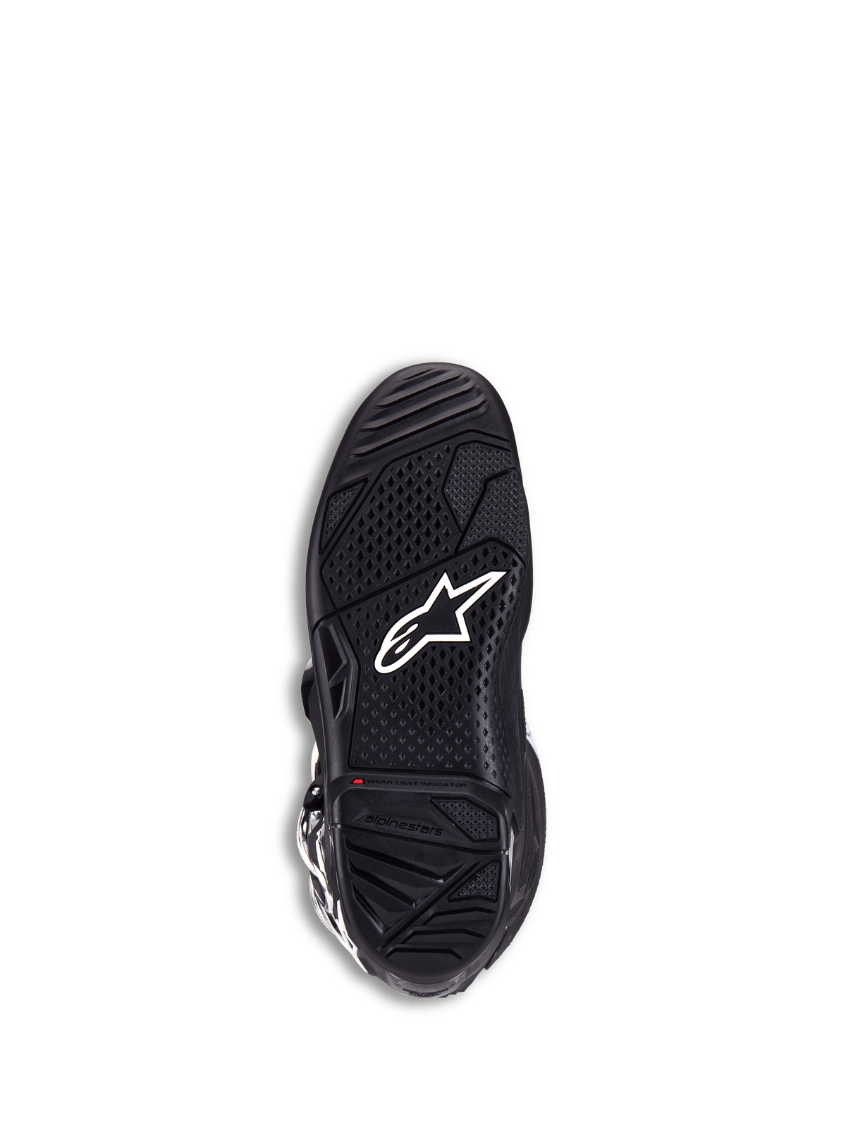 Alpinestars Tech 7-stövlar, motocross-stövlar, svarta, vy av sulan med vit stjärnlogotyp, texturerat dual-compound-gummi för maximalt grepp, röd slitageindikator