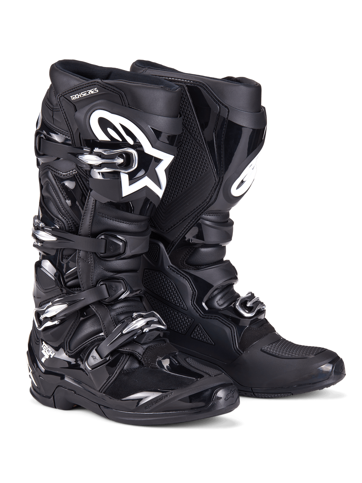 Alpinestars Tech 7-stövlar, motocross-stövlar, svarta med robust konstruktion, stängningssystem med fyra spännen, TPU-skyddspaneler och vit Alpinestars-logotyp på smalbenet, professionella offroad-skor för terrängkörning