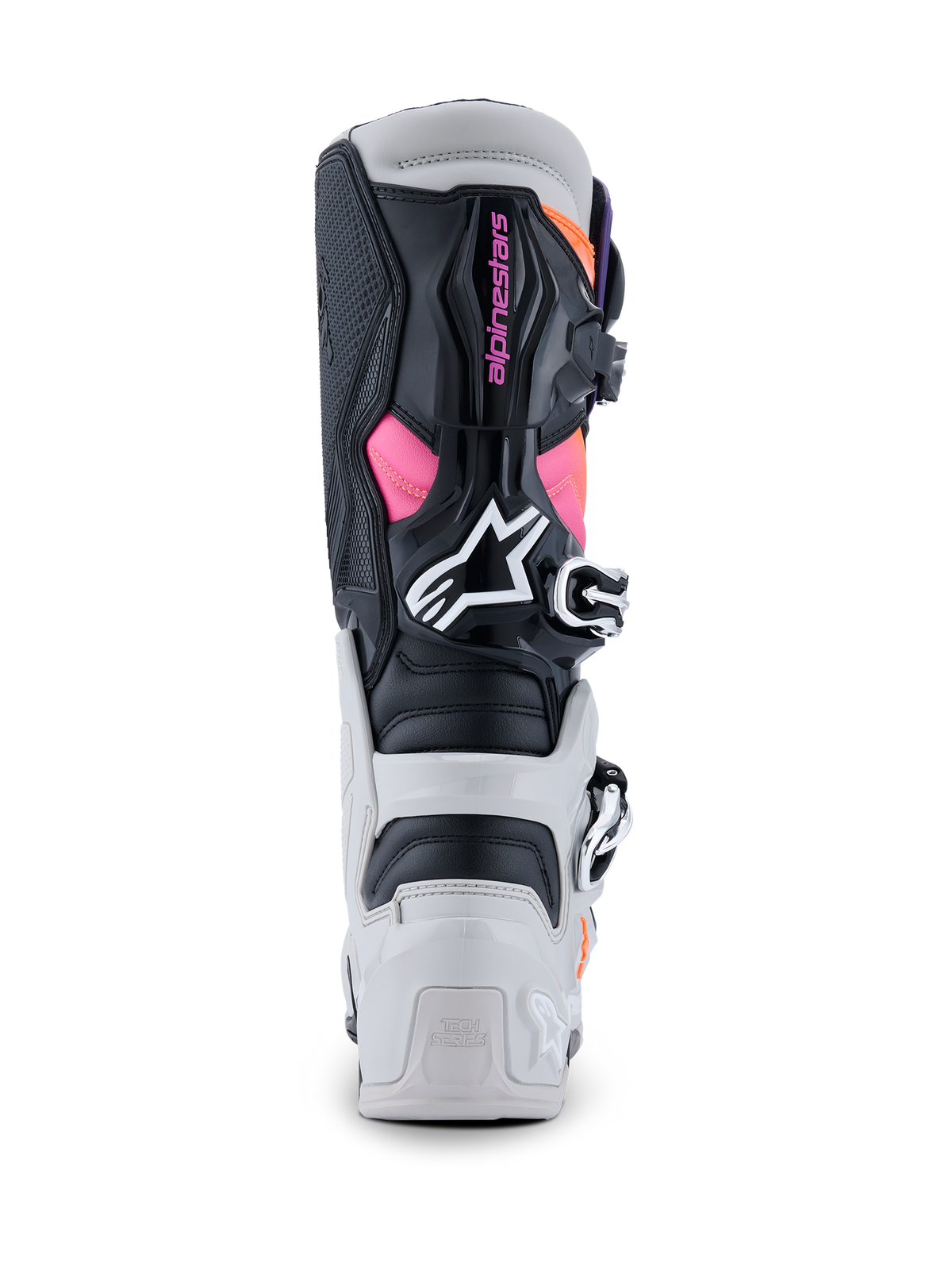 Alpinestars Tech 7 Boots, Motocross Boots, Black Light Gray Orange Fluo and Magenta, rear view showing the TPU heel and calf protectors, pink Alpinestars branding, white logo, and durable buckle system