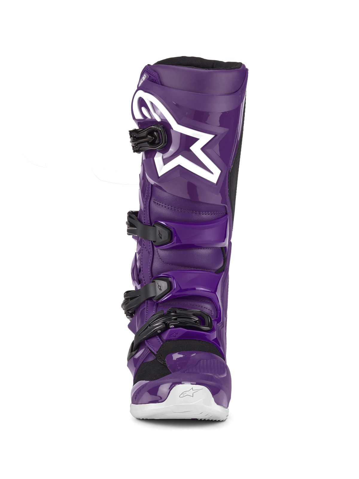 Alpinestars Tech 7 Boots, Purple Motocross Boots, front view, featuring four black buckles, white Alpinestars logo on the shin plate, durable TPU shell and synthetic construction for off-road protection