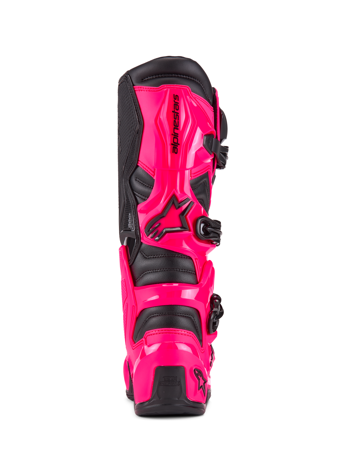 Alpinestars Tech 7-stövlar, motocross-stövlar, Diva Pink och svart, vy bakifrån som visar TPU-skydd för häl och vad med hög slagtålighet, svart spännsystem, hållbar konstruktion för terrängkörning