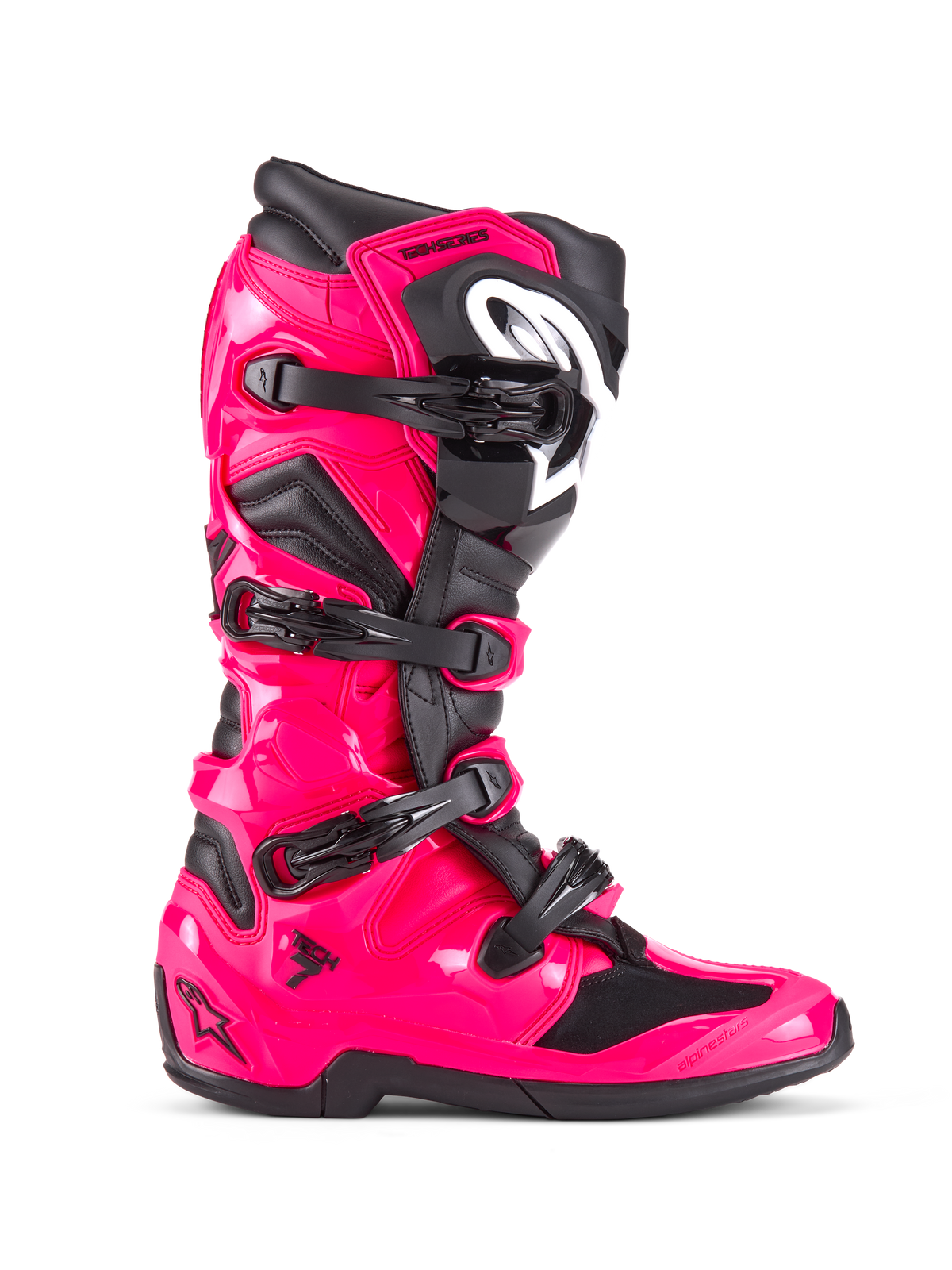 Alpinestars Tech 7-stövlar, motocross- och terrängstövlar, Diva Pink och svart, blankt rosa TPU-skal med svarta detaljer, fyra justerbara svarta spännen, förstärkt benskydd, professionell racingutrustning