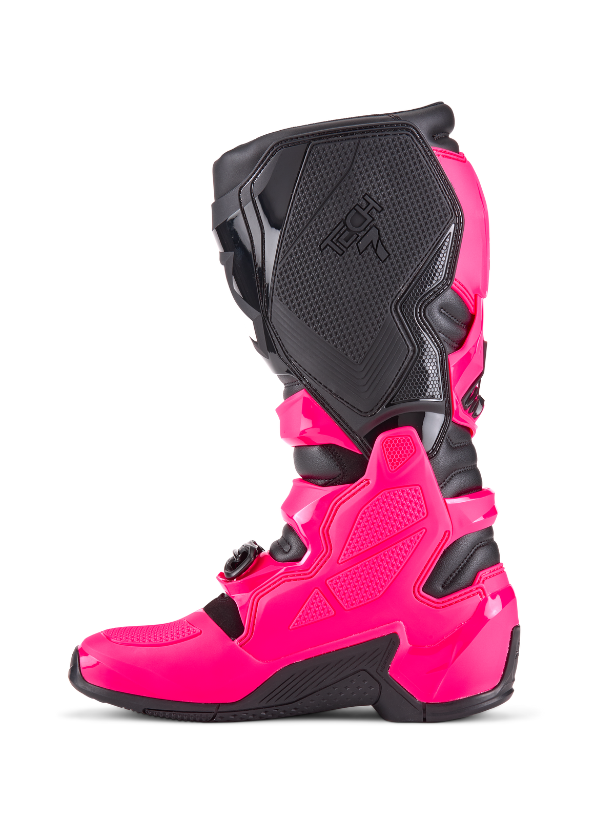 Alpinestars Tech 7 motocross-stövlar, Diva Pink och svart, sidoprofil med skyddande TPU-skal, texturerade mediala greppaneler med Tech 7-logotyp, robust svart sula, högpresterande skor för terrängracing