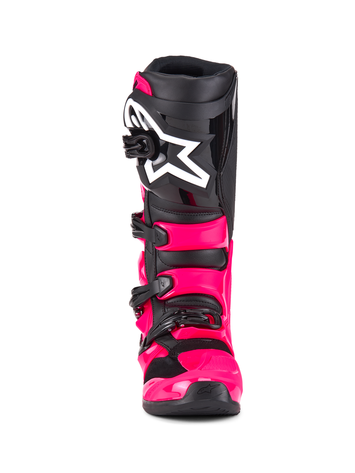 Alpinestars Tech 7-stövlar, motocross-stövlar, Diva Pink Black, vy framifrån, med ett starkrosa TPU-skal och remmar, svart skenbensplatta med en stor vit Alpinestars-stjärnlogotyp och säkra svarta spännen.