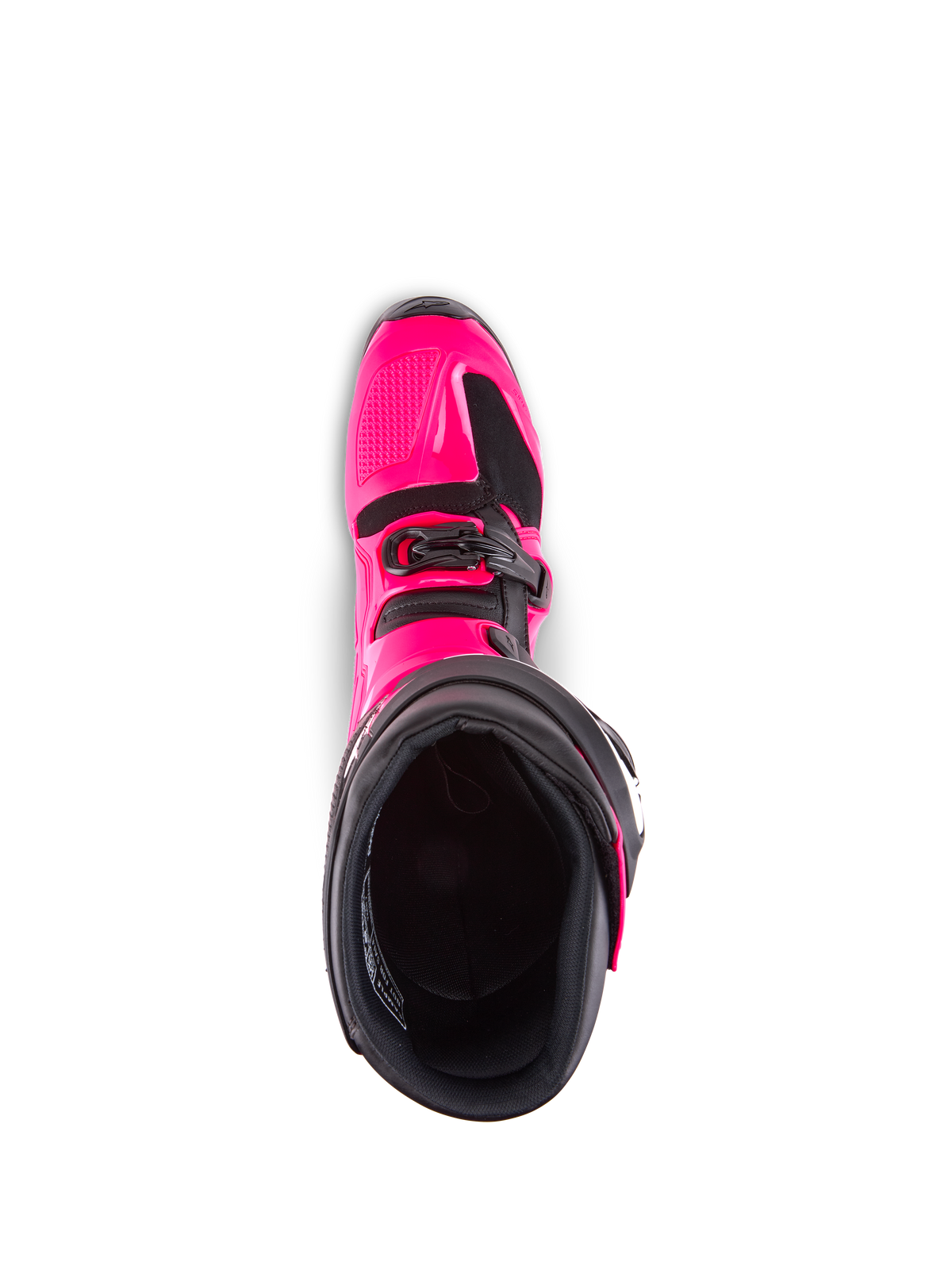 Alpinestars Tech 7-stövlar, motocross-stövlar, Diva Pink och svart, vy uppifrån in i det inre fodret, visar det rosa TPU-ytterskalet och detaljer på spännet, konstruerade för prestanda i terräng