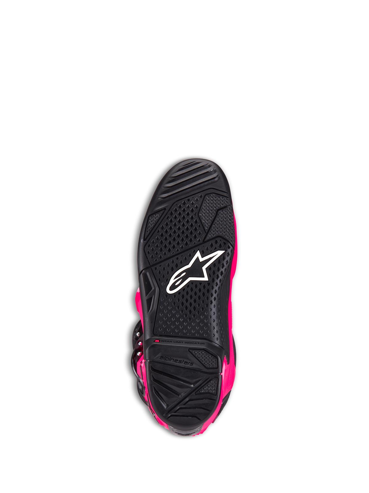 Alpinestars Tech 7-stövlar, motocross-stövlar, Diva Pink och svart, undersida av yttersulan som visar den svarta texturerade gummisulan, vit Alpinestars-logotyp och slitageindikator, högpresterande terrängstövlar