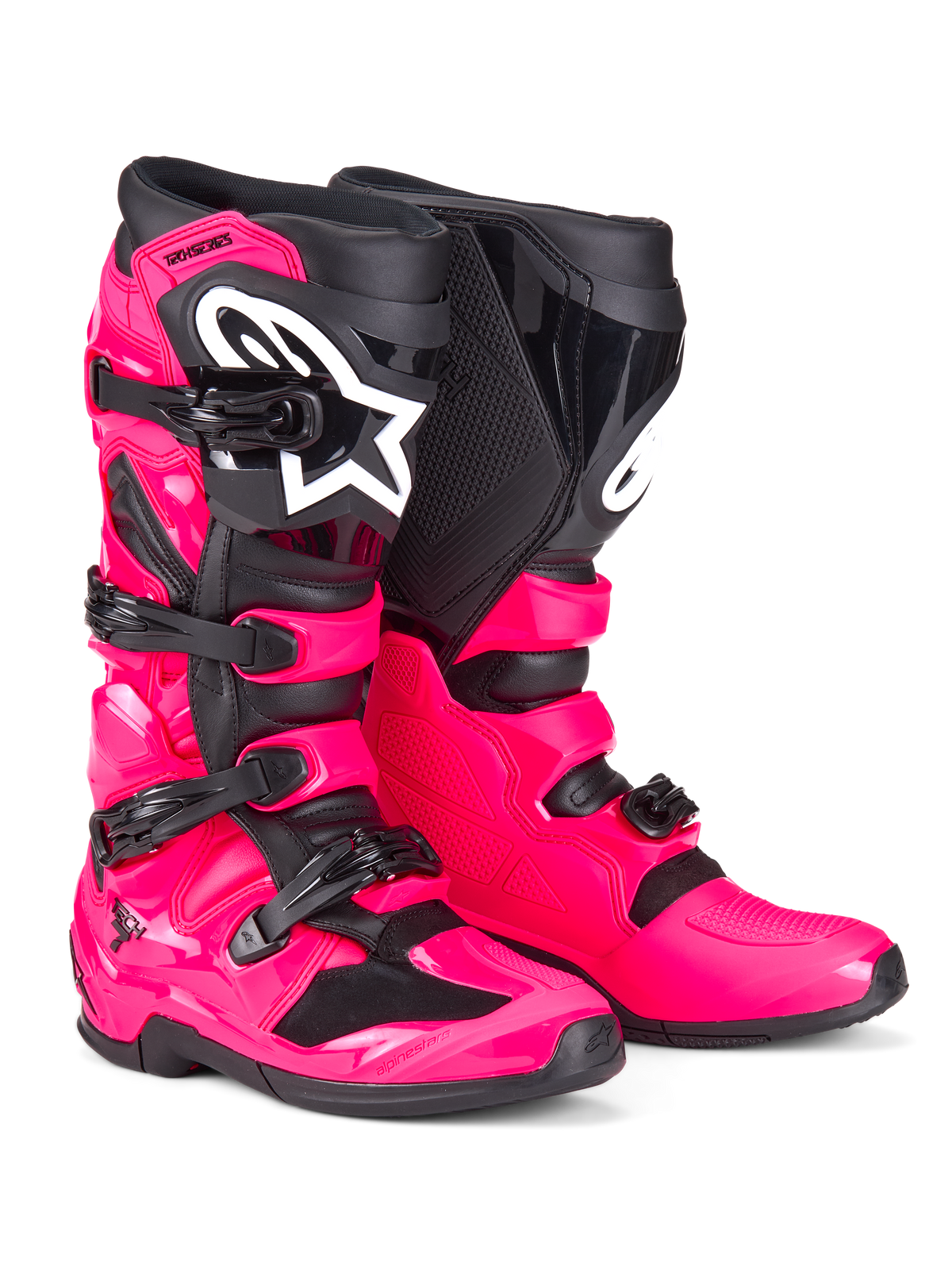 Alpinestars Tech 7-stövlar, motocross-stövlar, Diva Pink och svarta, med ett robust TPU-skal, stängningssystem med fyra spännen och en framträdande vit Alpinestars-logotyp, högpresterande terrängskodon