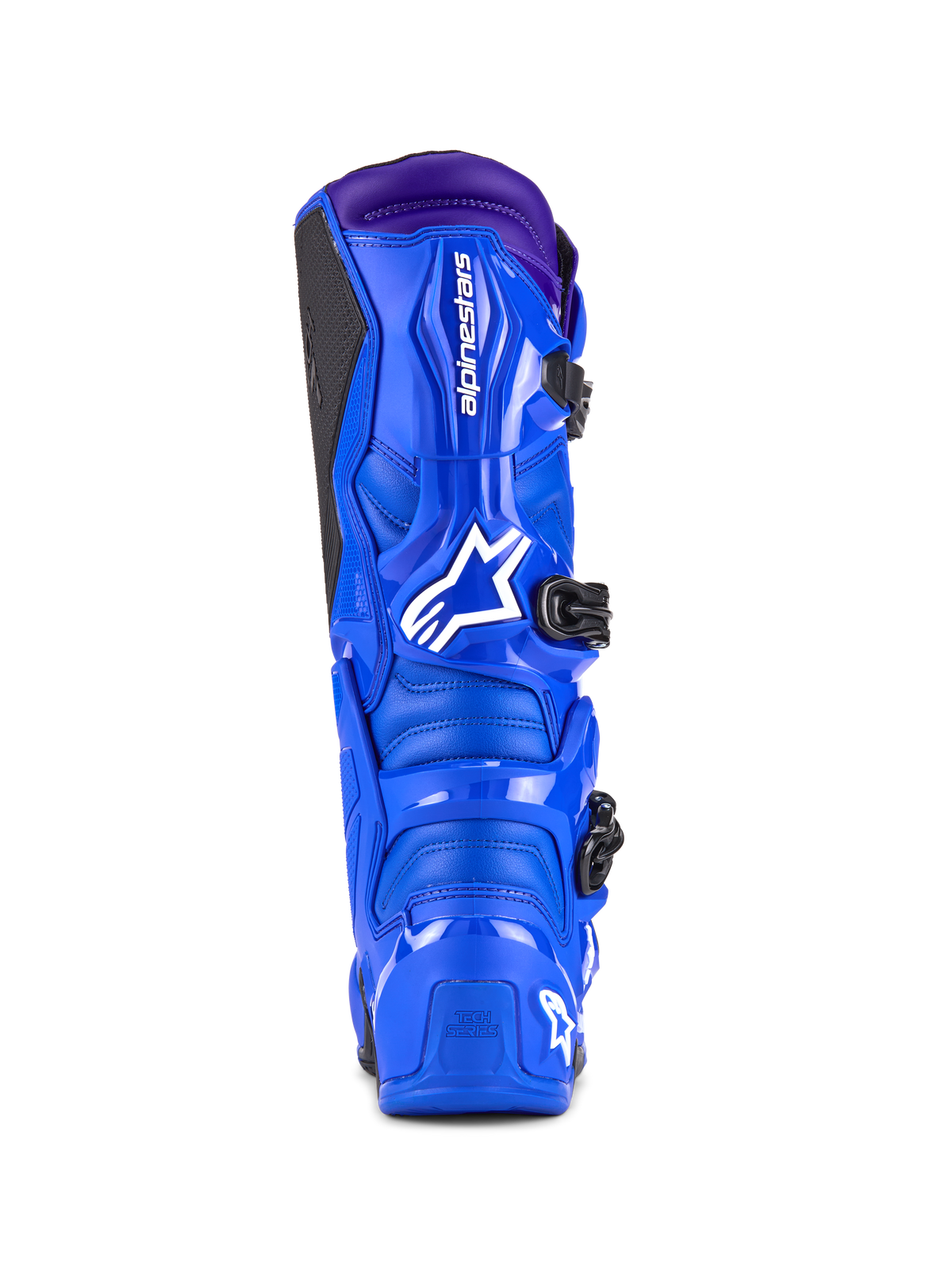Alpinestars Tech 7 Boots, Motocross Boots, Blue with purple accents, rear view showing the TPU protection, white Alpinestars logo on the heel, and black side grip panel, high-performance off-road footwear