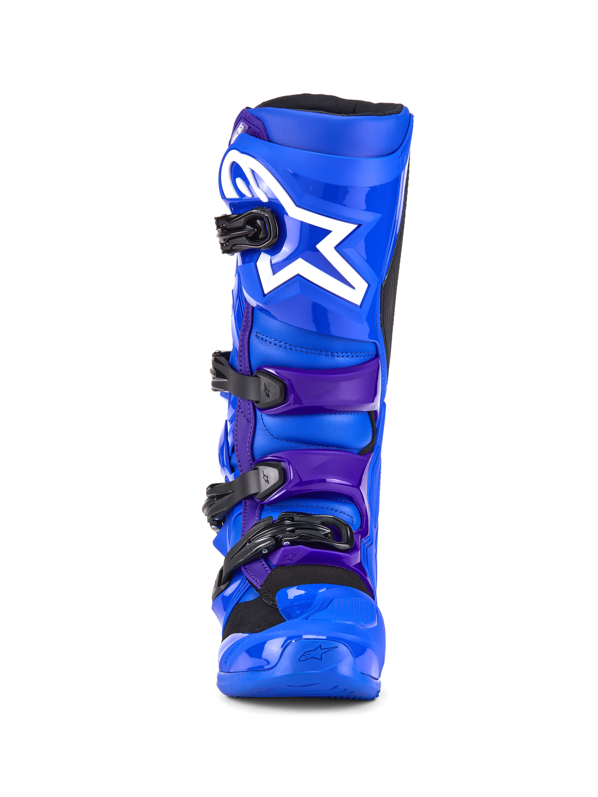Alpinestars Tech 7 Boots, Motocross Boots, Blue and Purple, featuring a white star logo on the shin plate, four-buckle closure system, and reinforced TPU construction for off-road racing, front view
