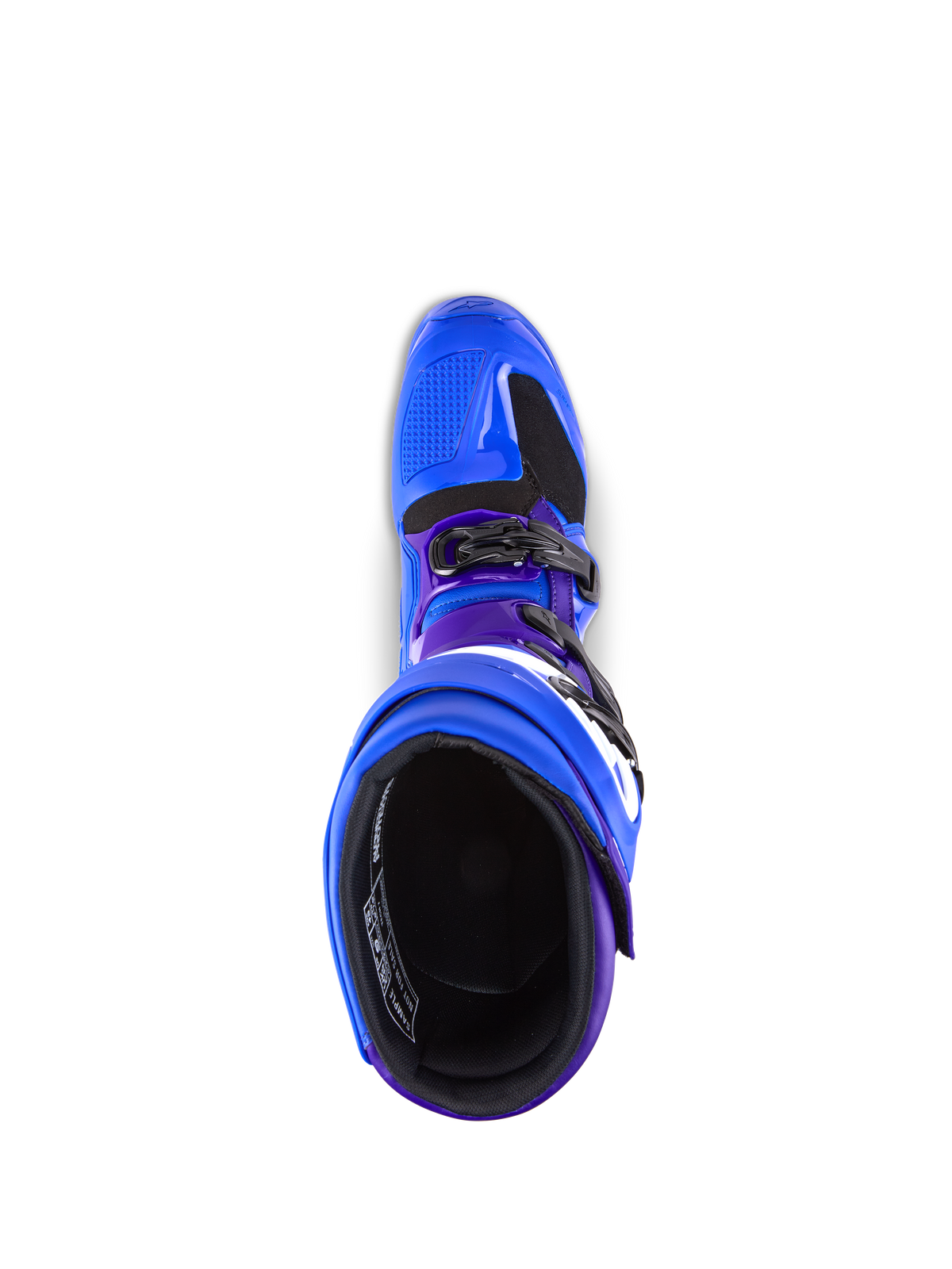 Alpinestars Tech 7 Boots, Motocross Boots, Blue with purple and black accents, top-down view showing the interior lining and buckle system, durable TPU and microfiber construction for off-road performance