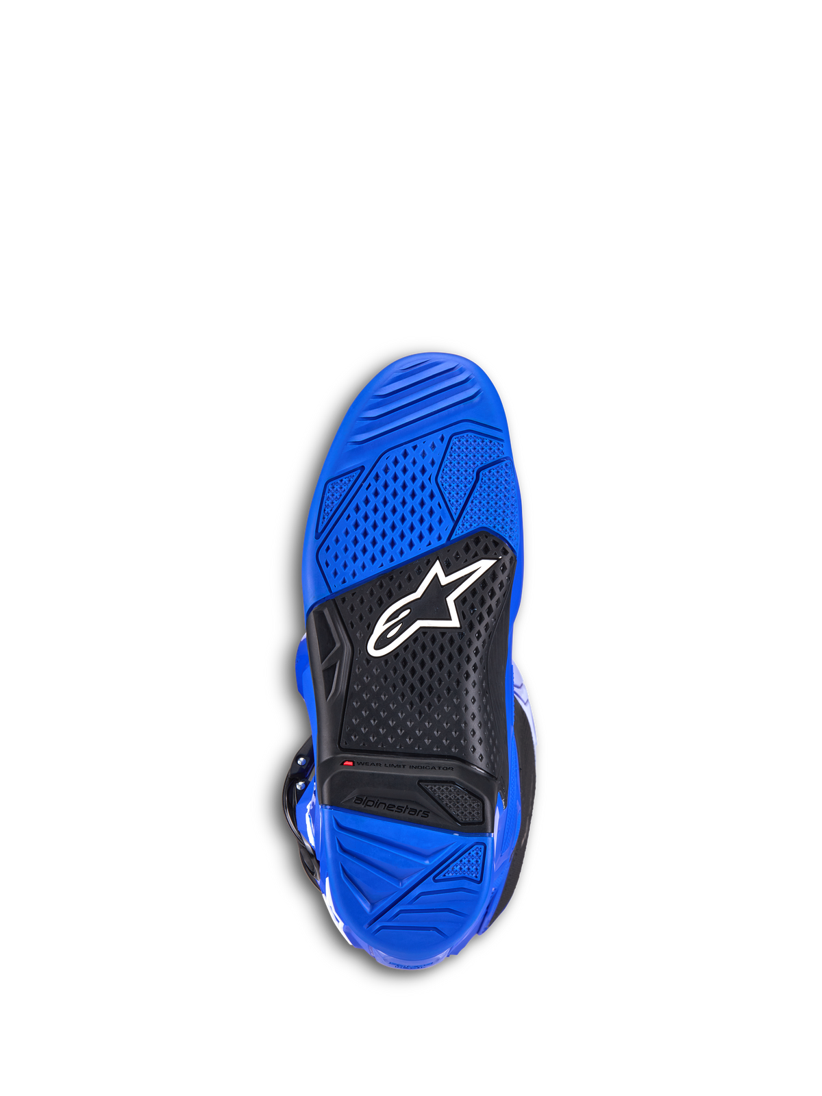 Alpinestars Tech 7 Boots, Motocross Boots, Blue, bottom view of the sole showing blue and black textured rubber, white Alpinestars logo, and red wear limit indicator, durable off-road footwear