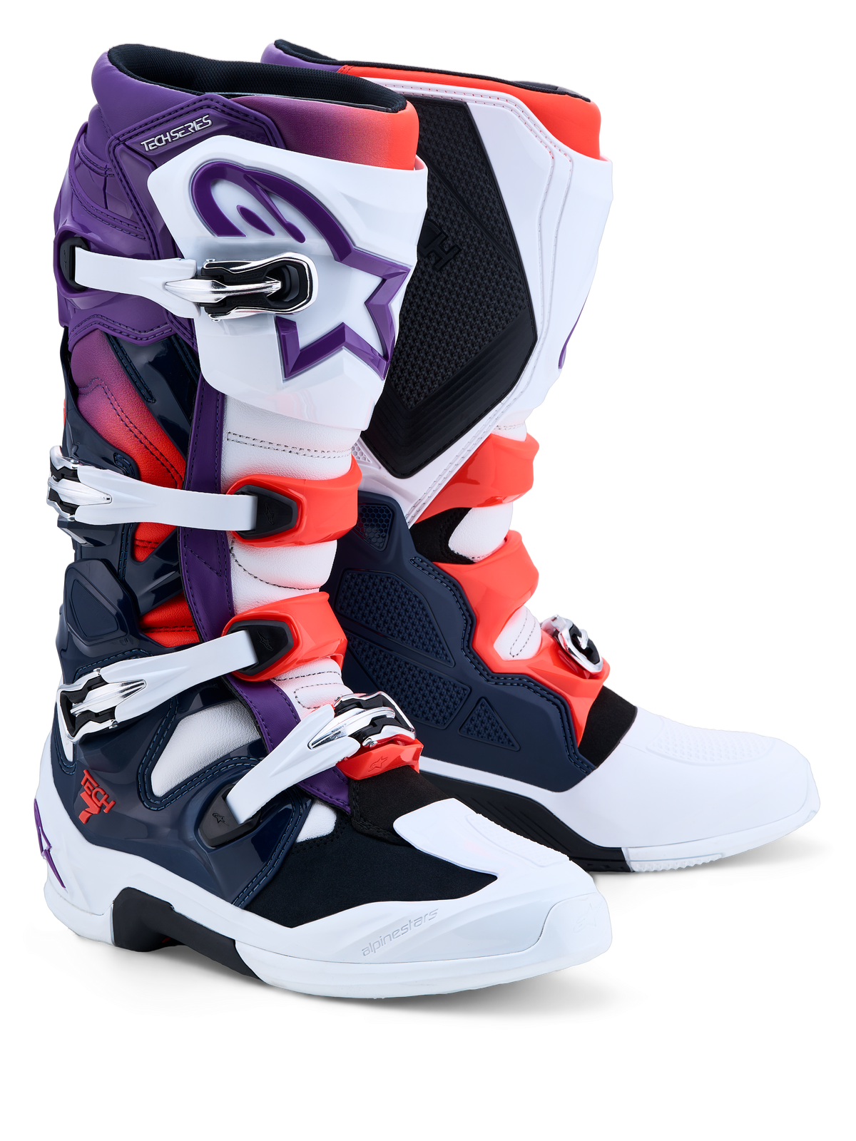 Alpinestars Tech 7 stövlar, motocrossstövlar för herr, lila, vita, mörkblå och röd fluo, CE-certifierade med TPU-skydd