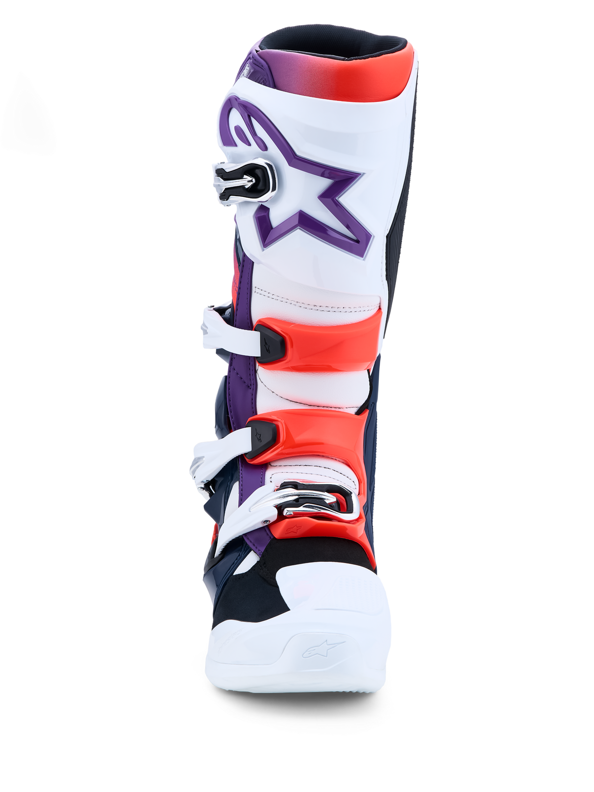 Alpinestars Tech 7 stövlar, lila, vita och röda motocrossstövlar med TPU-skydd och spännen, CE-certifierade för terrängkörning.