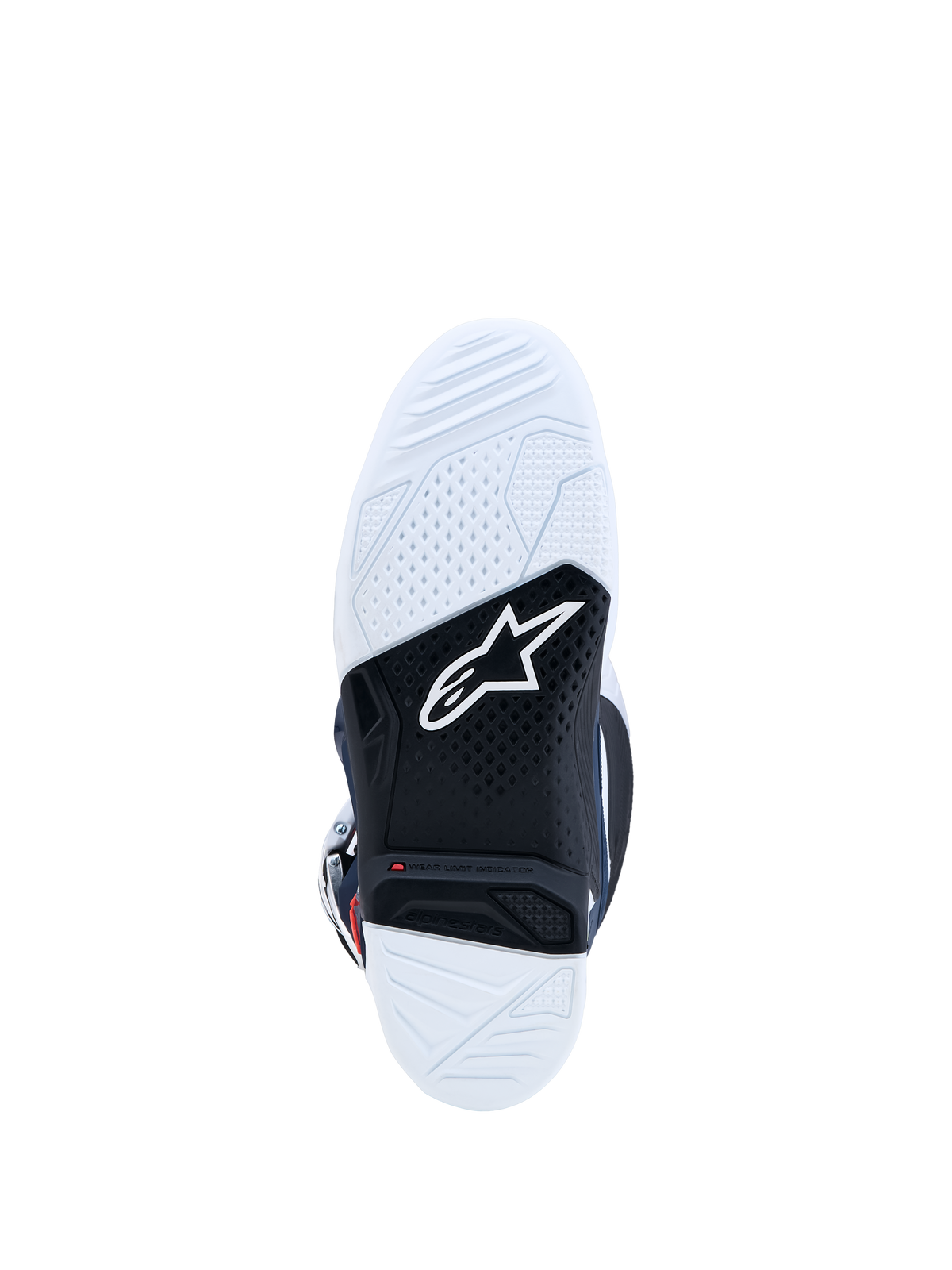 Alpinestars Tech 7 stövlar, vit och svart sula i dubbel gummiblandning med röd slitageindikator för motocross
