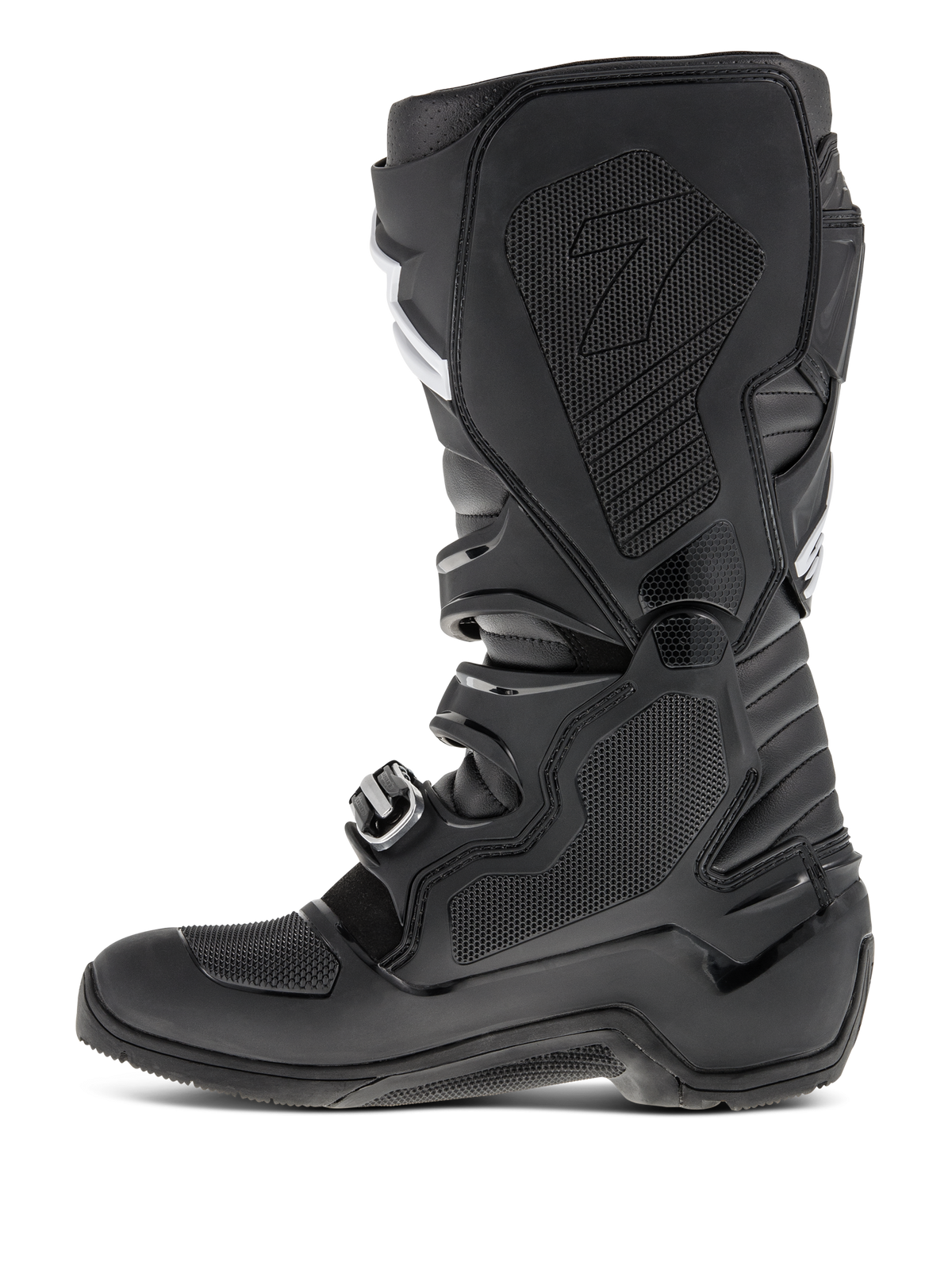 Alpinestars Tech 7 Enduro Boots, Black, side profile view highlighting the medial side with honeycomb rubber insert, protective TPU panels and buckle closure system for off-road motocross performance.