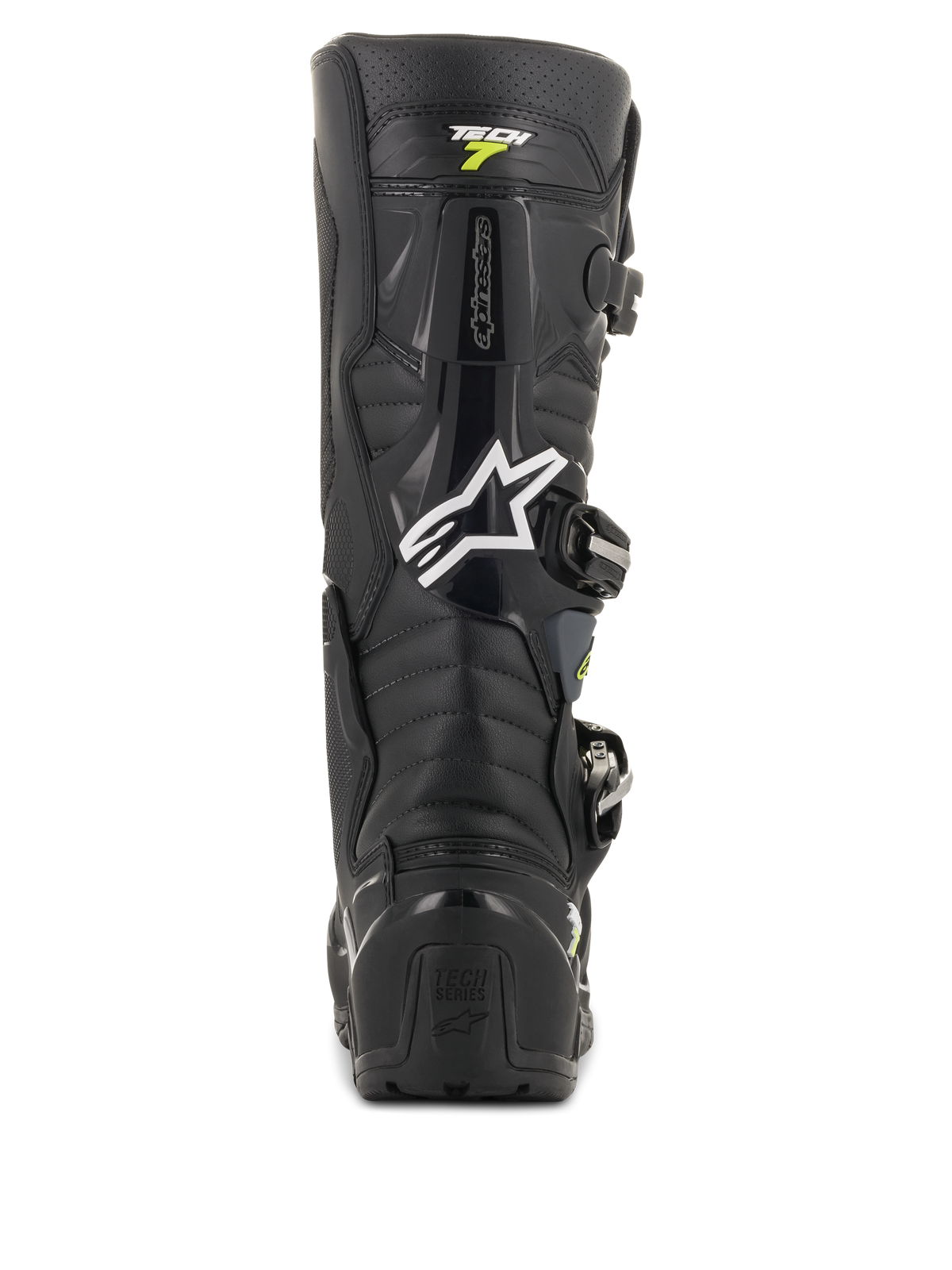 Alpinestars Tech 7 Enduro Drystar Boots, Black and Gray Motocross Boots, rear view featuring the white Alpinestars logo and 'Tech 7' branding, rugged TPU heel protection and reinforced construction for off-road durability