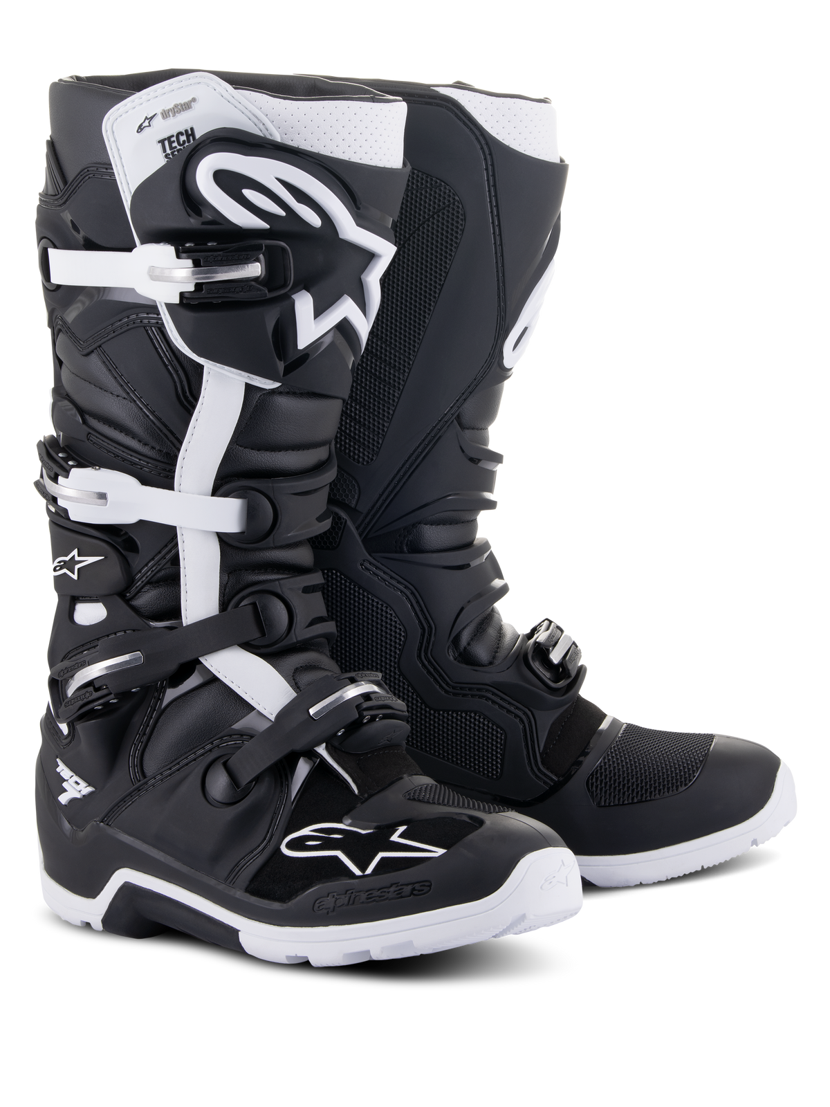 Alpinestars Tech 7 Enduro Drystar® stövlar, offroad-motorcykelstövlar, svarta och vita, med ett vattentätt membran, stängningssystem med flera spännen och en robust enduro-specifik sula för terrängprestanda.