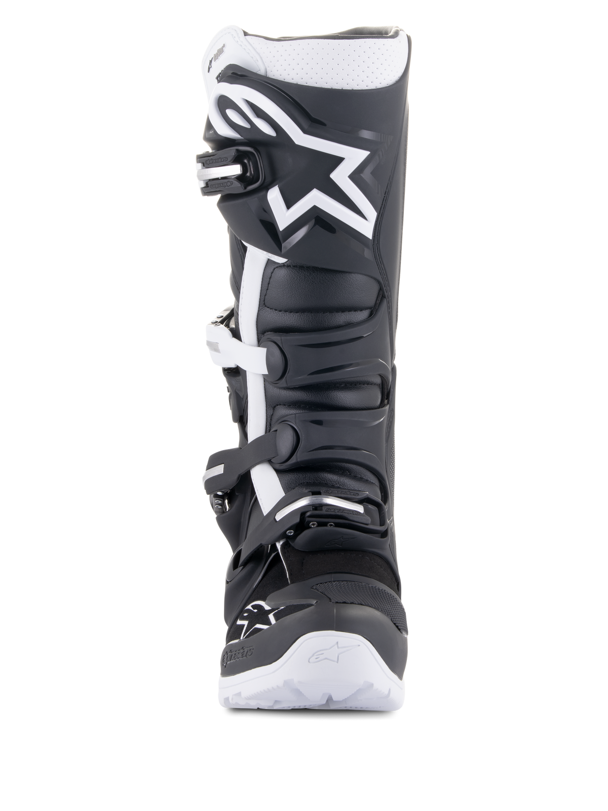 Alpinestars Tech 7 Enduro Drystar®-stövlar, endurostövlar för motorcykel, svart och vit, med en stor vit Alpinestars-logotyp på smalbensskyddet, stängningssystem med fyra spännen och robust vit sula, designade för terrängkörning