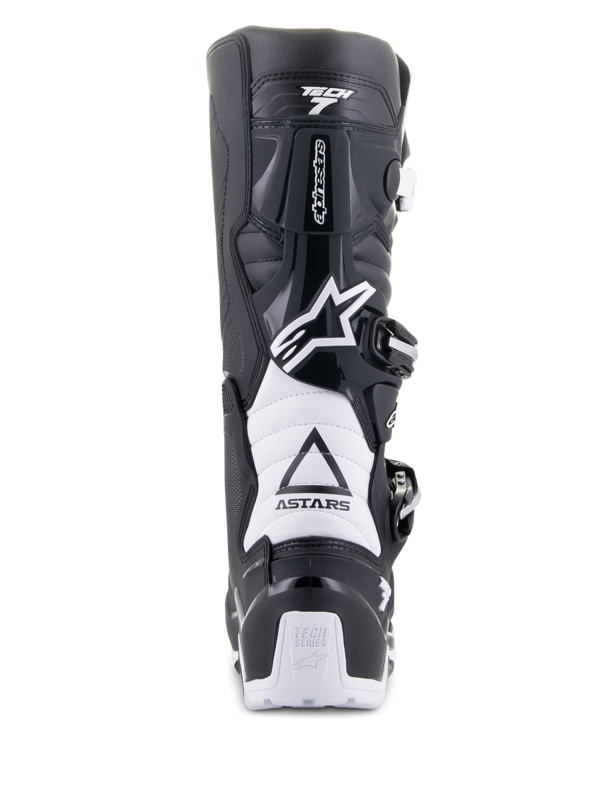 Alpinestars Tech 7 Enduro Drystar-stövlar, svart och vit, vy bakifrån som visar TPU-skyddsstruktur, vita dragspelsflexzoner och spännsystem, med Alpinestars-logotyp på hälen och ovandelen.