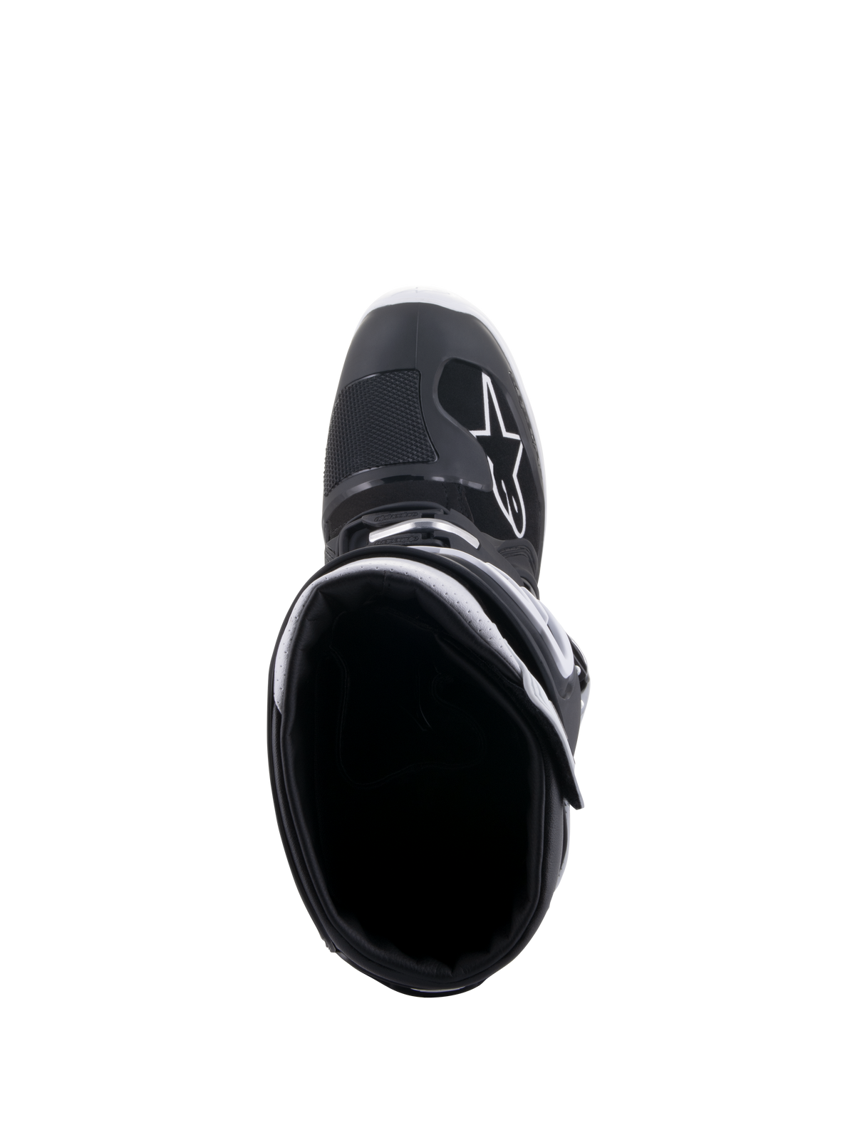 Alpinestars Tech 7 Enduro Drystar®-stövlar, svarta och vita, vy uppifrån in i stövelöppningen, med en vit A-star-logotyp på tåpartiet, vitt foder i kragen och högpresterande vattentät design för endurokörning
