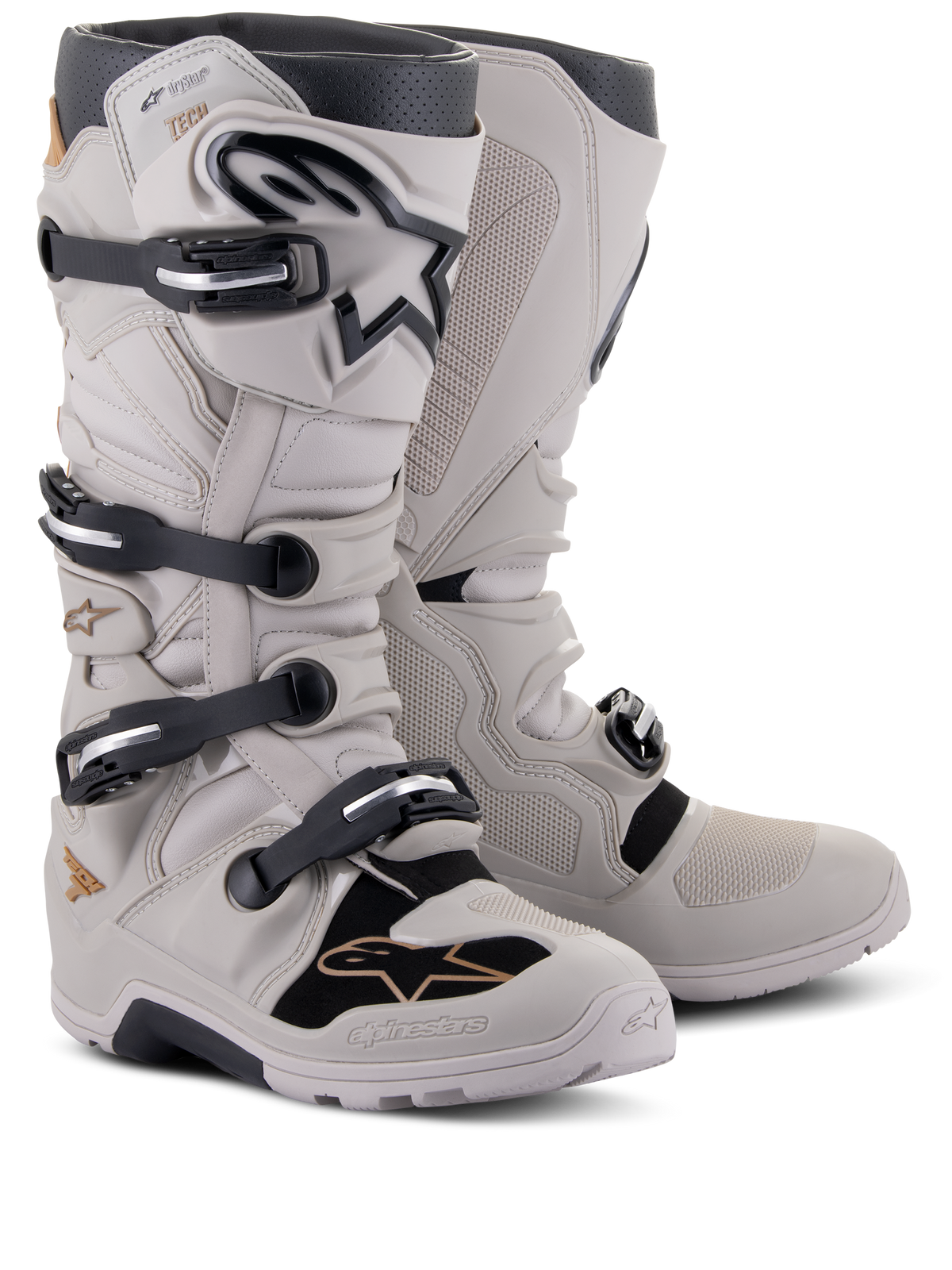 Alpinestars Tech 7 Enduro Drystar® stövlar, off-road endurostövlar, Gray Sand, med fyra svarta spännen, vattentätt membran, TPU-skenbensplatta och robust sula för motocross- och enduroåkning