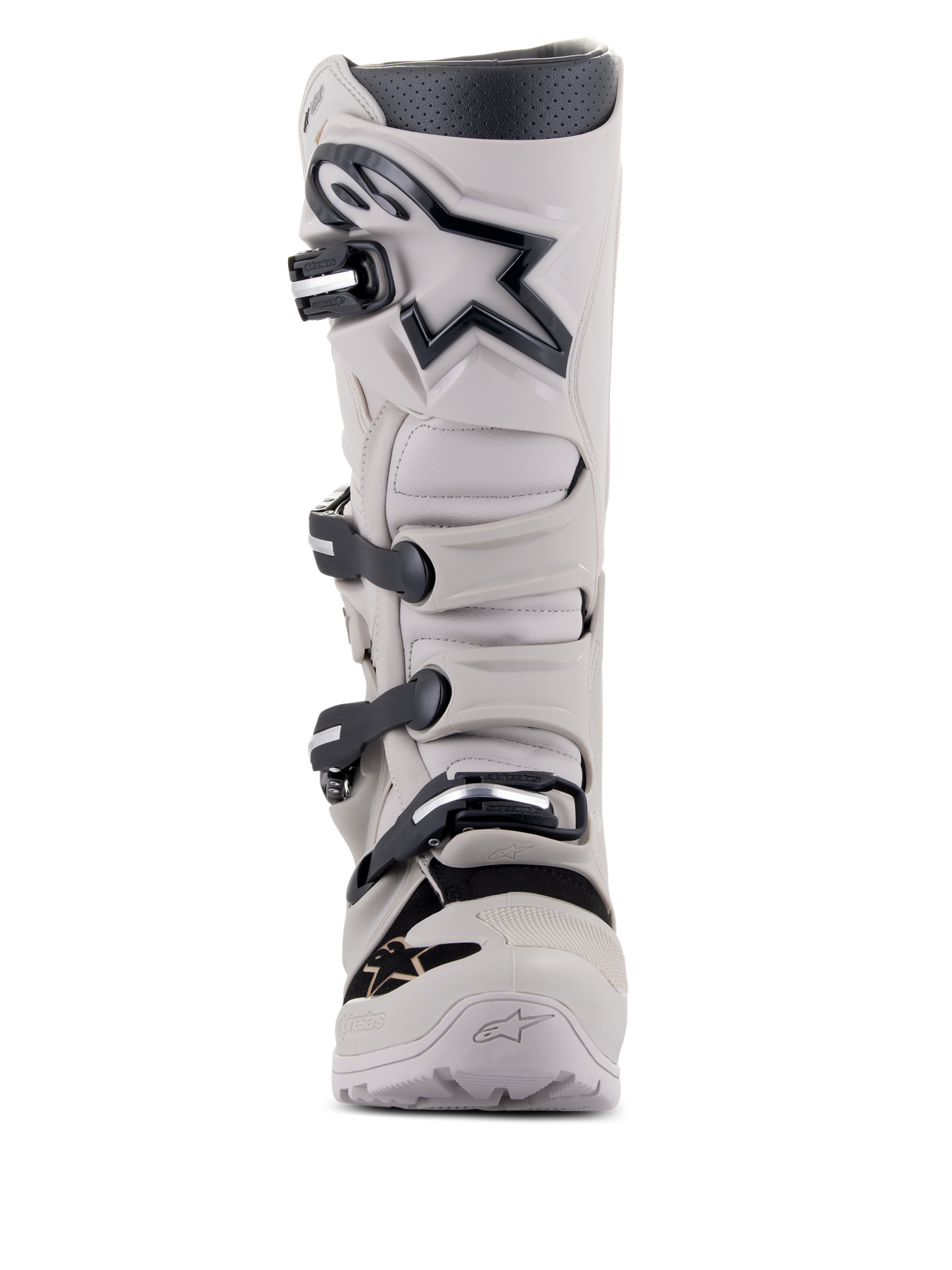 Alpinestars Tech 7 Enduro Drystar® stövlar, enduro- och terrängstövlar, Gray Sand, ljusgrå med svarta detaljer och logotyp, med ett stängningssystem med fyra spännen, förstärkt skenbensplatta och robust design för prestanda i alla väder