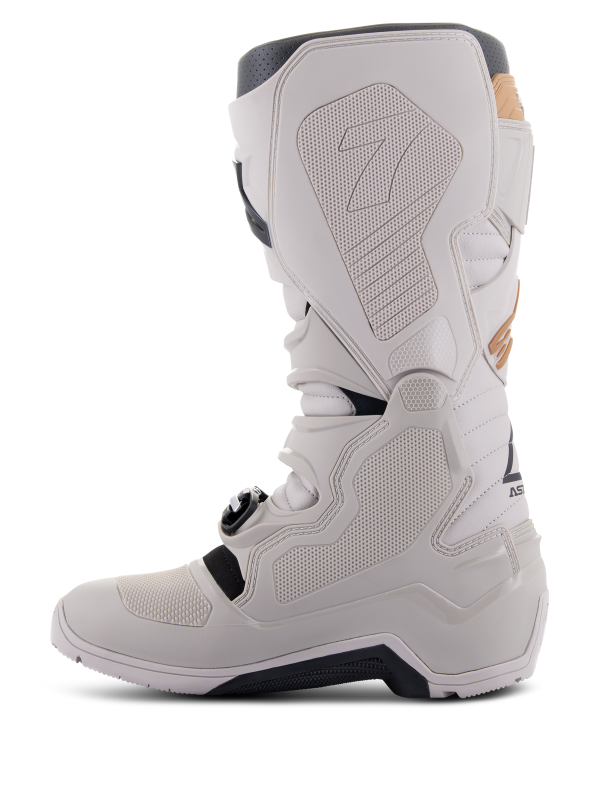 Alpinestars Tech 7 Enduro Drystar®-stövlar i Gray Sand, medial vy som visar greppaneler med bikakestruktur, ljusgrå TPU- och mikrofiberkonstruktion, svart yttersula och vattentätt membran för terrängkörning
