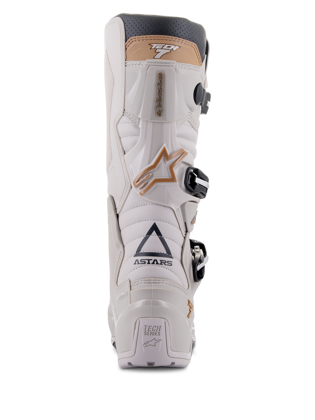 Alpinestars Tech 7 Enduro Drystar®-stövlar, Gray Sand, baksida som framhäver ASTARS-logotypen och TECH SERIES-hälplatta, ljusgrått TPU-chassi med sandfärgade detaljer och svarta spännen, konstruerade för endurokörning