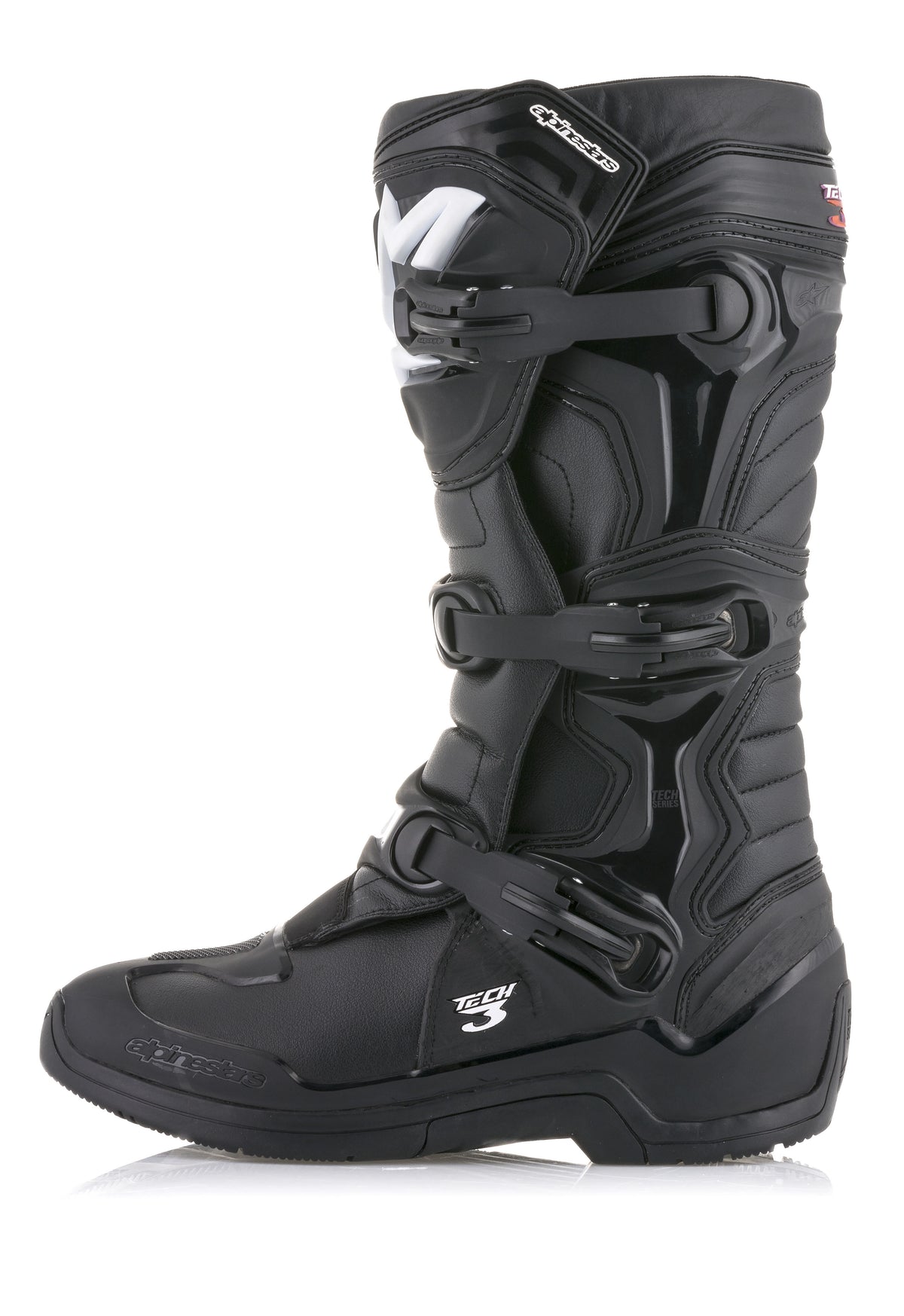 Alpinestars Tech 3-stövlar, svarta motocrossstövlar, sidoprofilsvy med stängningssystem med tre spännen, skyddspaneler i TPU och slitstark ovandel i mikrofiber för terrängprestanda