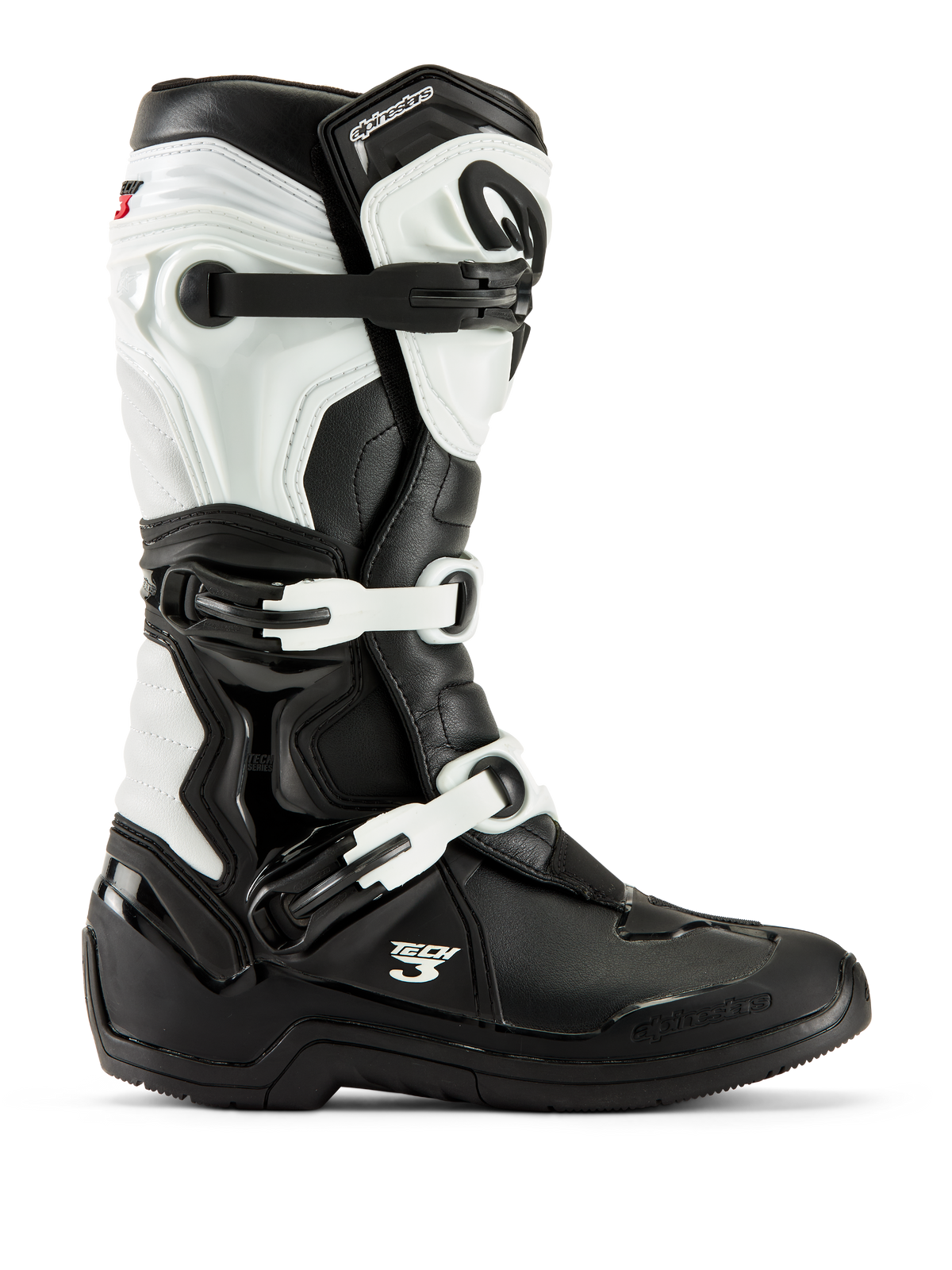 Alpinestars Tech 3-stövlar, motocross-stövlar, svarta och vita, sidoprofilvy med ett stängningssystem med tre spännen, skyddande TPU-paneler och slitstark syntetisk konstruktion för terrängkörning