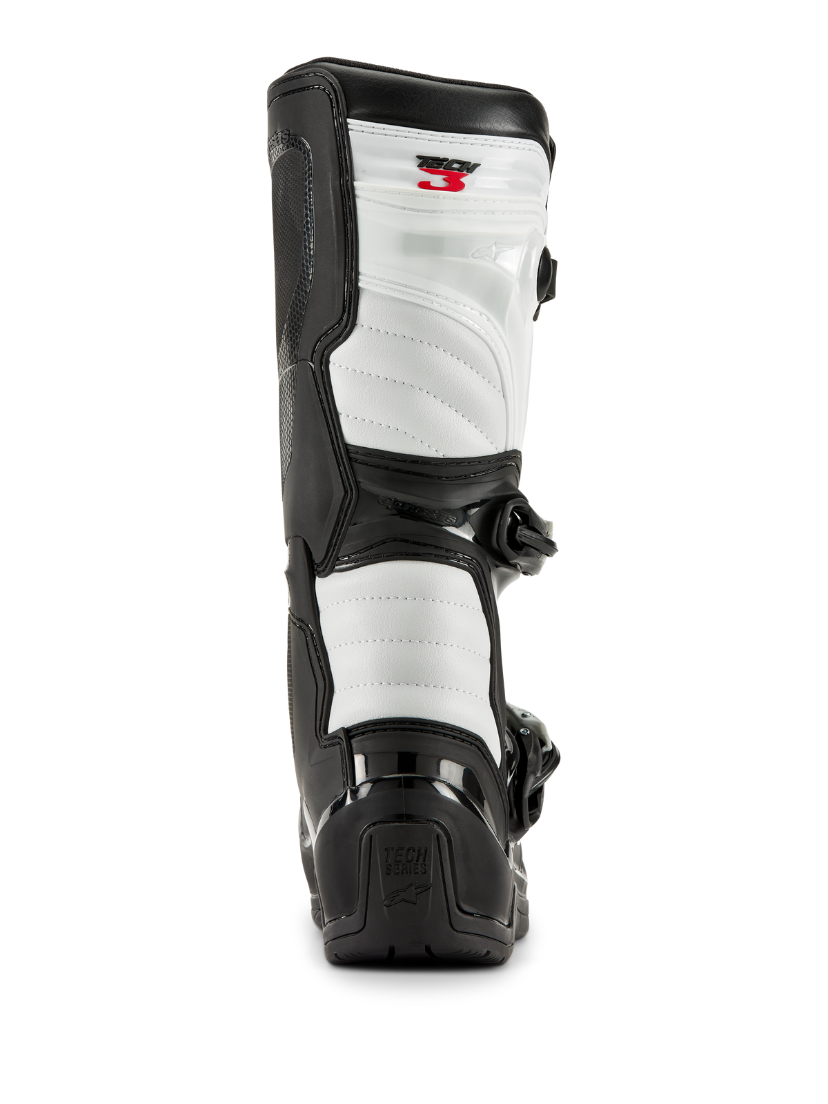 Alpinestars Tech 3-stövlar i svart och vitt, vy bakifrån som visar vita vadderade paneler, svart TPU-hälskydd med Tech Series-logotyp och röd Tech 3-märkning upptill, professionella motocross-stövlar.