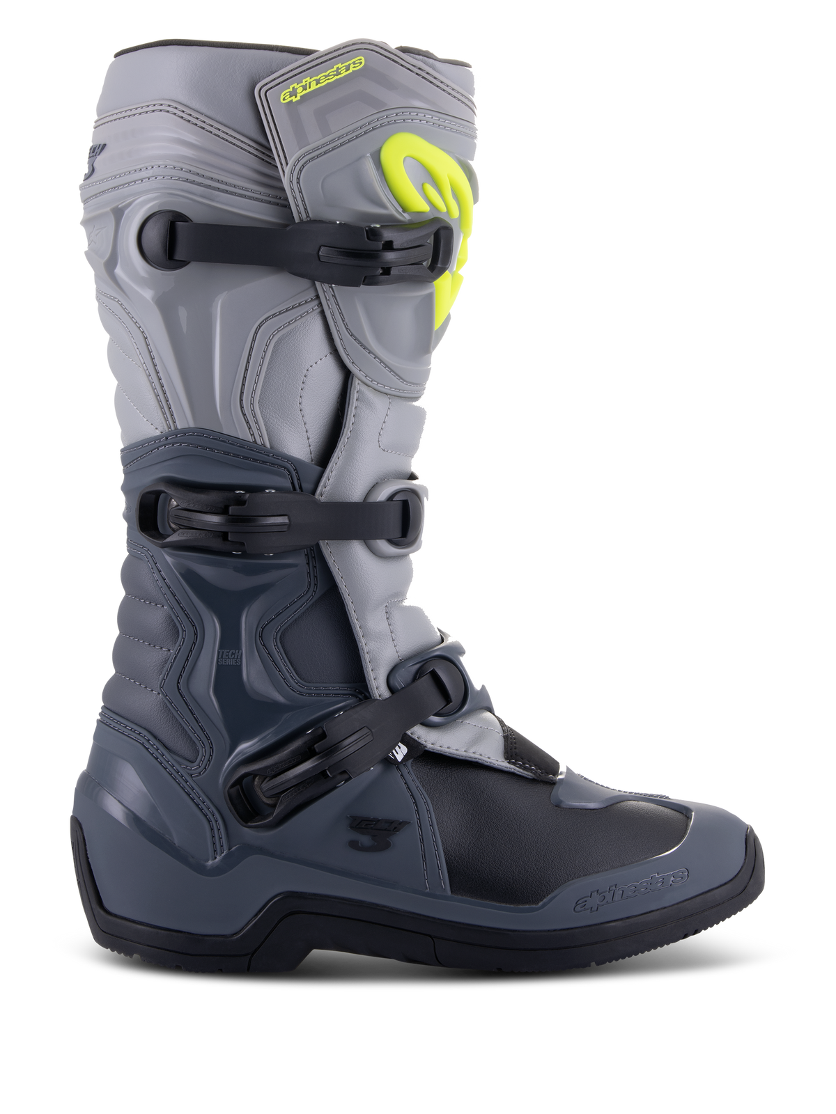 Alpinestars Tech 3 Boots, Motocross Boots, Dark Gray Light Gray and Black, side view featuring three black polymer buckles, TPU protection panels, and a bright yellow Alpinestars logo on the upper shin area