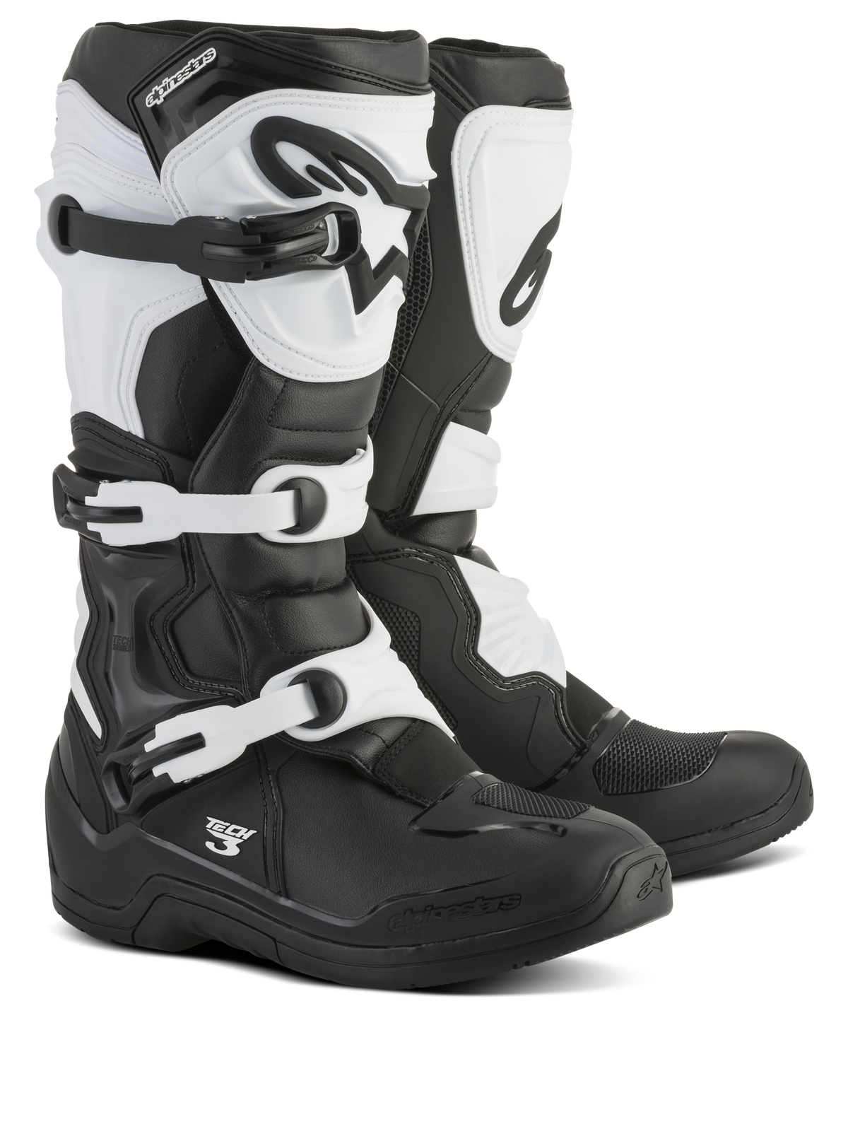 Alpinestars Tech 3-stövlar, motocross-stövlar, svarta och vita, med ett stängningssystem med tre spännen, skyddande TPU-skenbensplatta och hälkappa, hållbar konstruktion i mikrofiber och syntetmaterial för terrängkörning