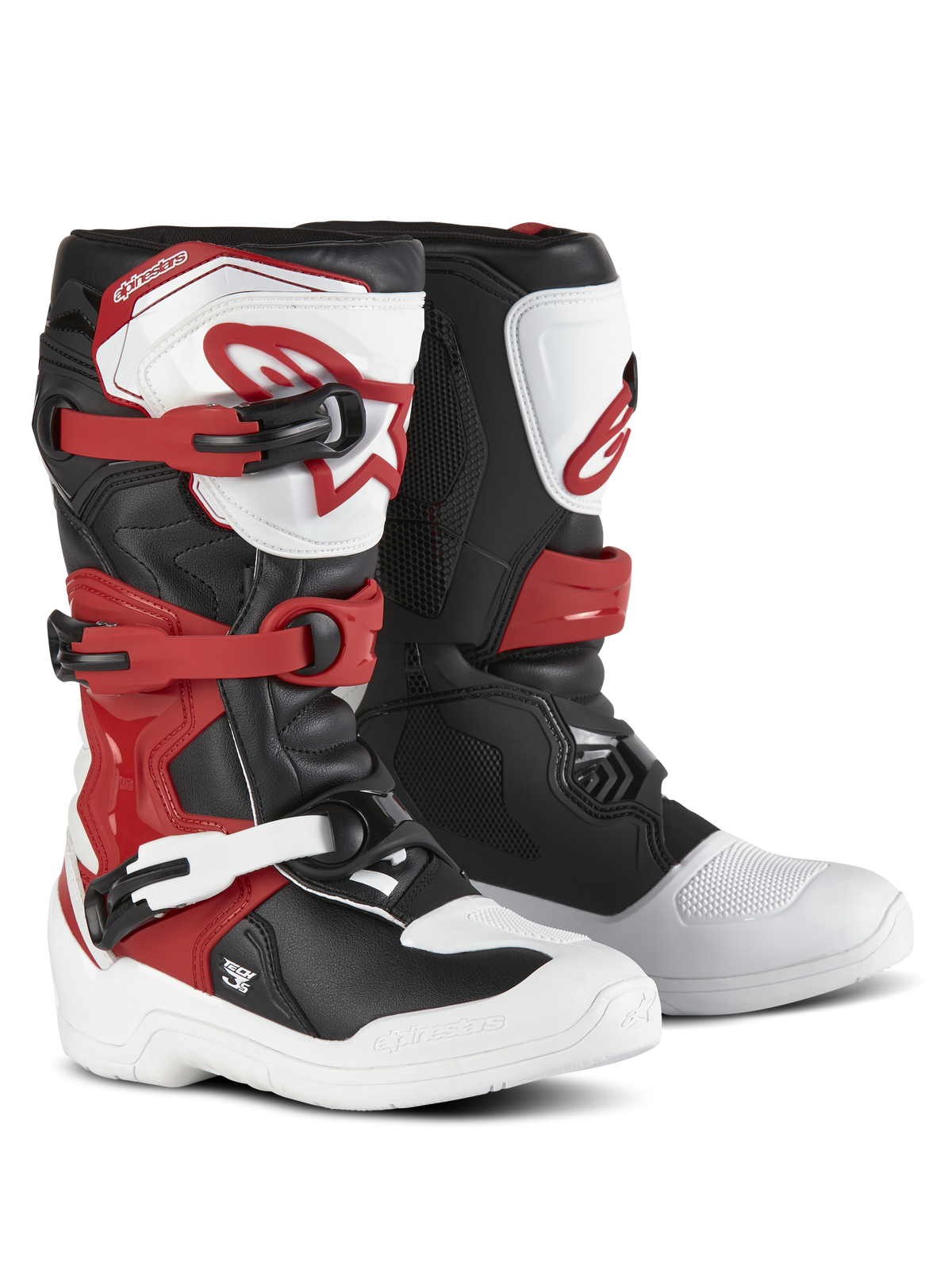 Alpinestars Youth Tech 3S-stövlar, motocross-stövlar, vit, svart och klar röd, stängningssystem med tre spännen, TPU-skenplatta med Alpinestars-logotyp, slitstark ovandel i mikrofiber och förstärkt fotskal för terrängprestanda