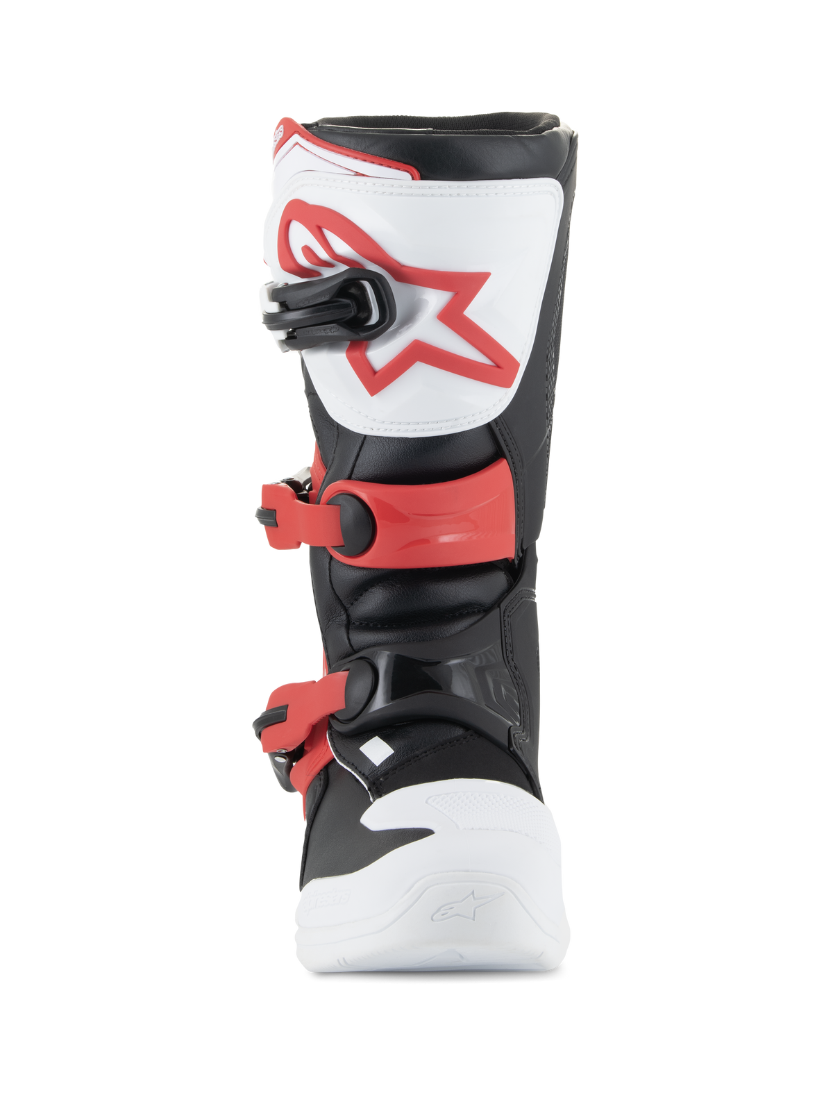 Alpinestars Youth Tech 3S stövlar, motocrossstövlar, vit, svart och klarröd, vy framifrån som visar TPU-skenplatta med röd logotyp, justerbara röda spännen och hållbar mikrofiberkonstruktion för juniorförare